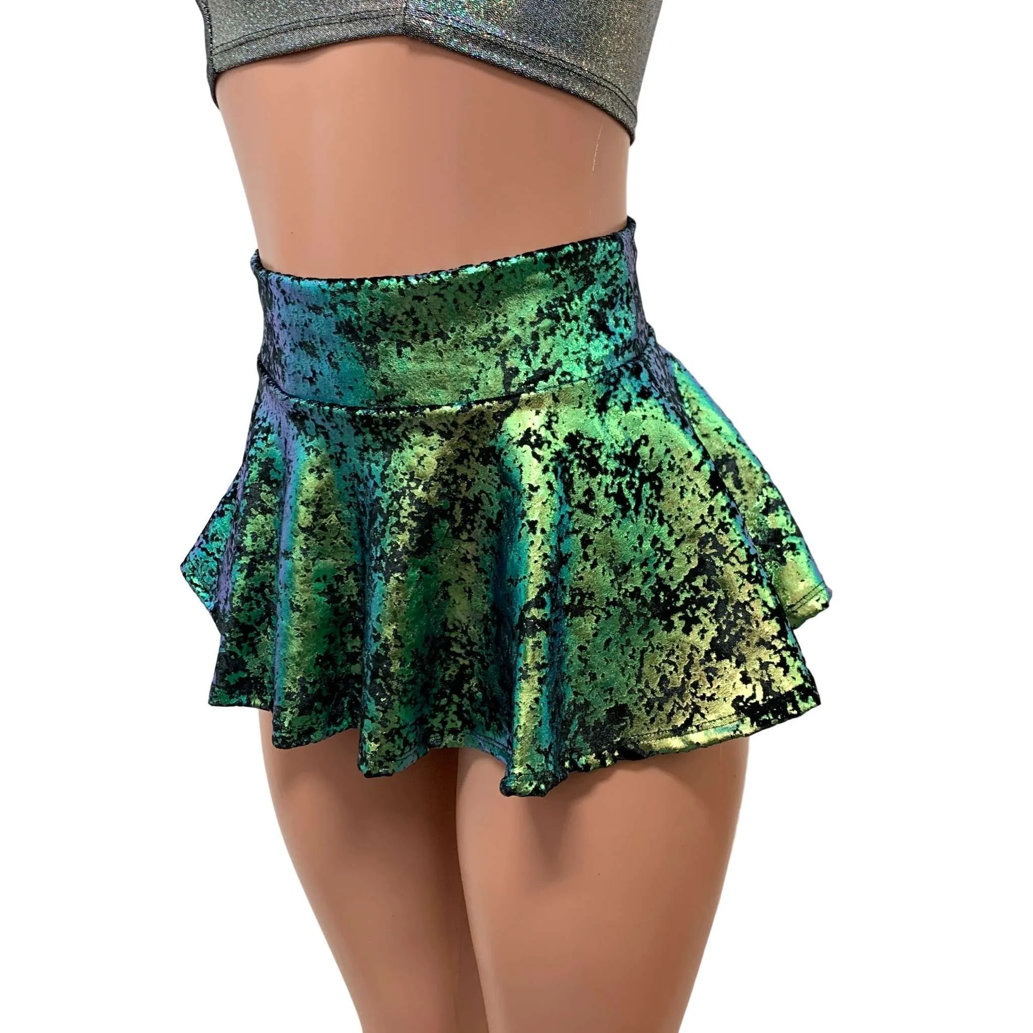 10" Mini Rave Skirt - Green on Black Gilded Velvet Skater Skirt