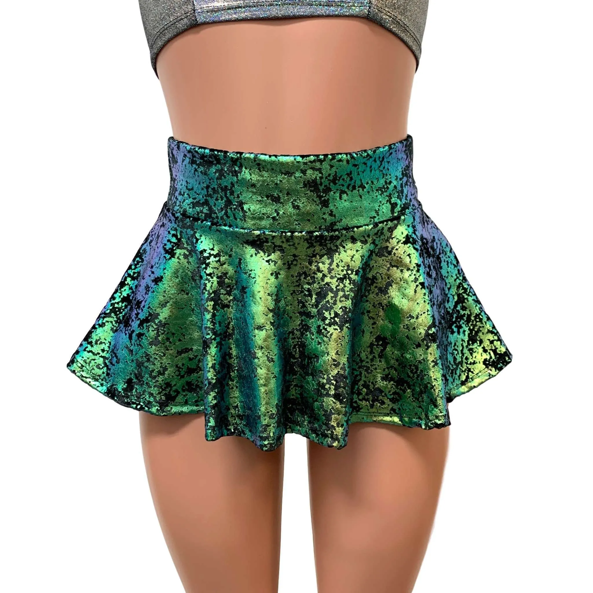 10" Mini Rave Skirt - Green on Black Gilded Velvet Skater Skirt