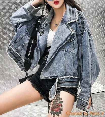 1300 Spring And Summer  Street Fashion Women Loose Light Blue Denim Jacket Ladies Jean Jacket