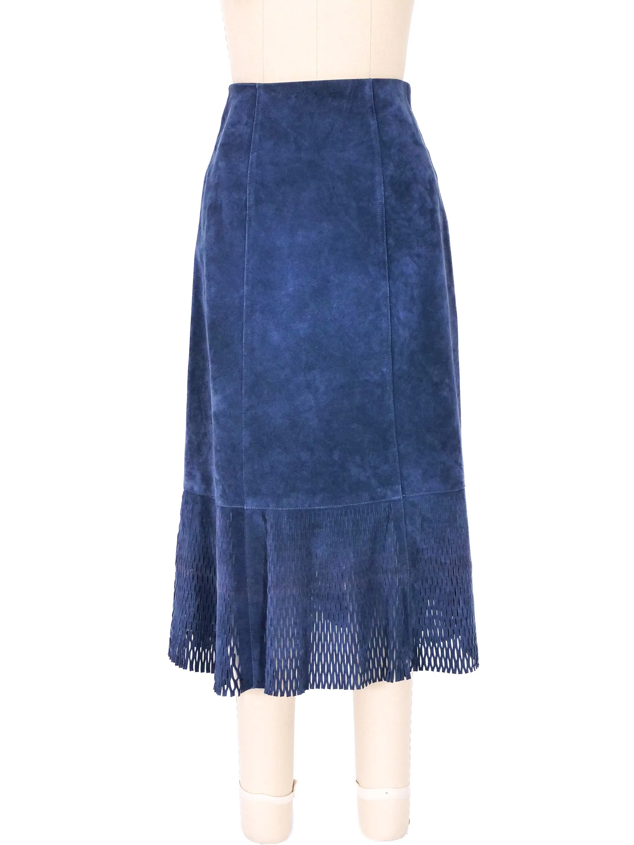 1970s Blue Laser Cut Suede Skirt Ensemble