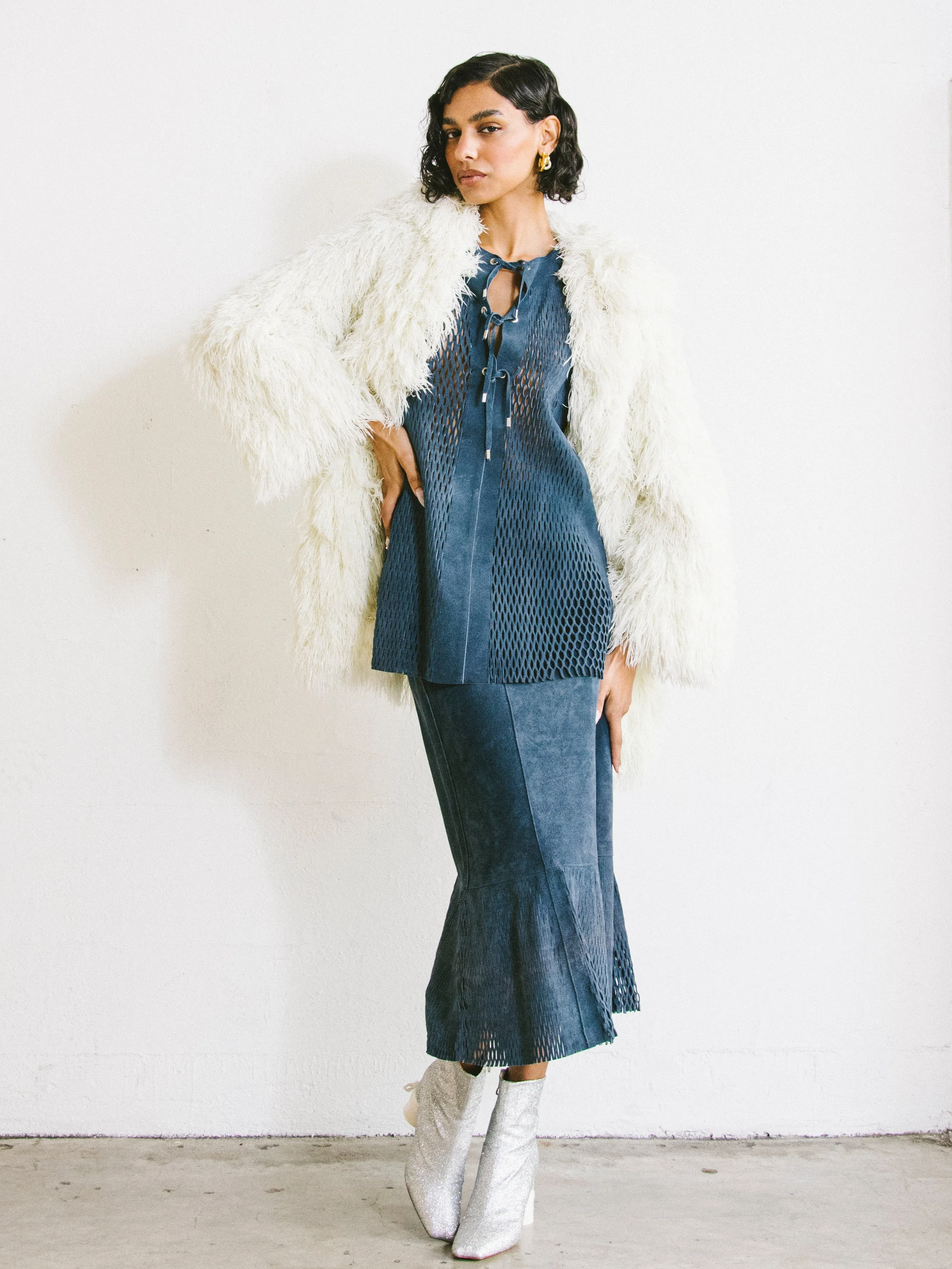 1970s Blue Laser Cut Suede Skirt Ensemble