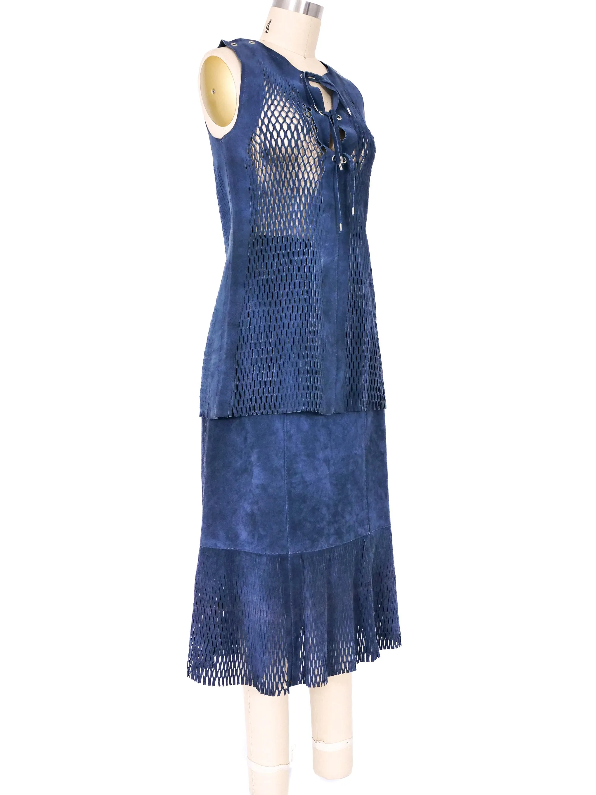 1970s Blue Laser Cut Suede Skirt Ensemble