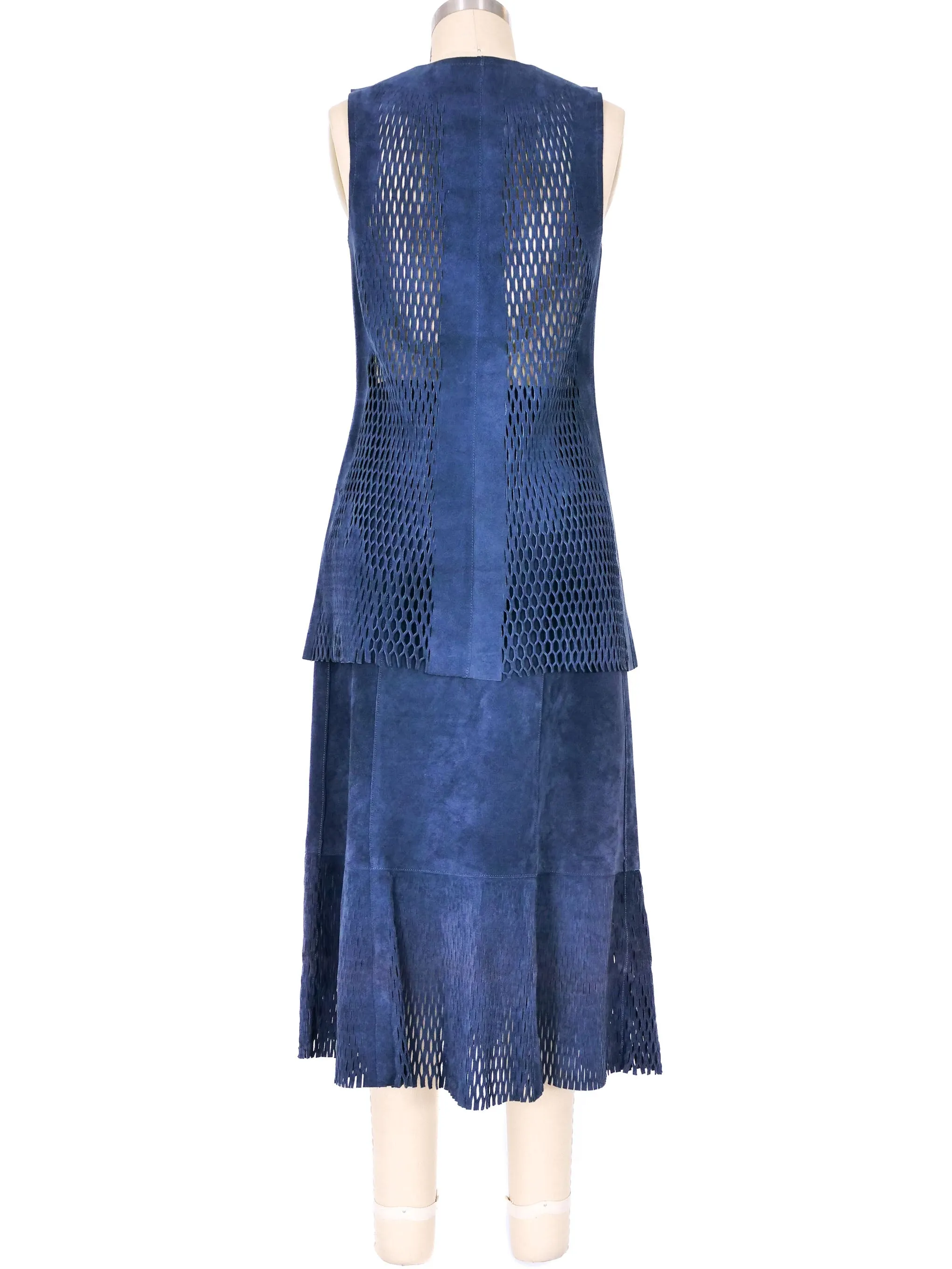 1970s Blue Laser Cut Suede Skirt Ensemble