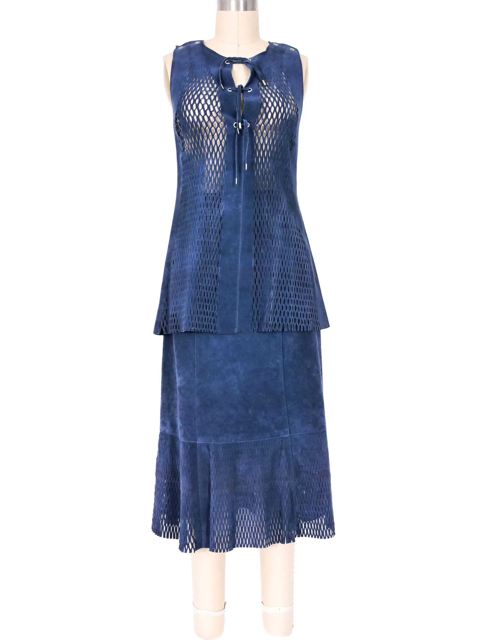 1970s Blue Laser Cut Suede Skirt Ensemble