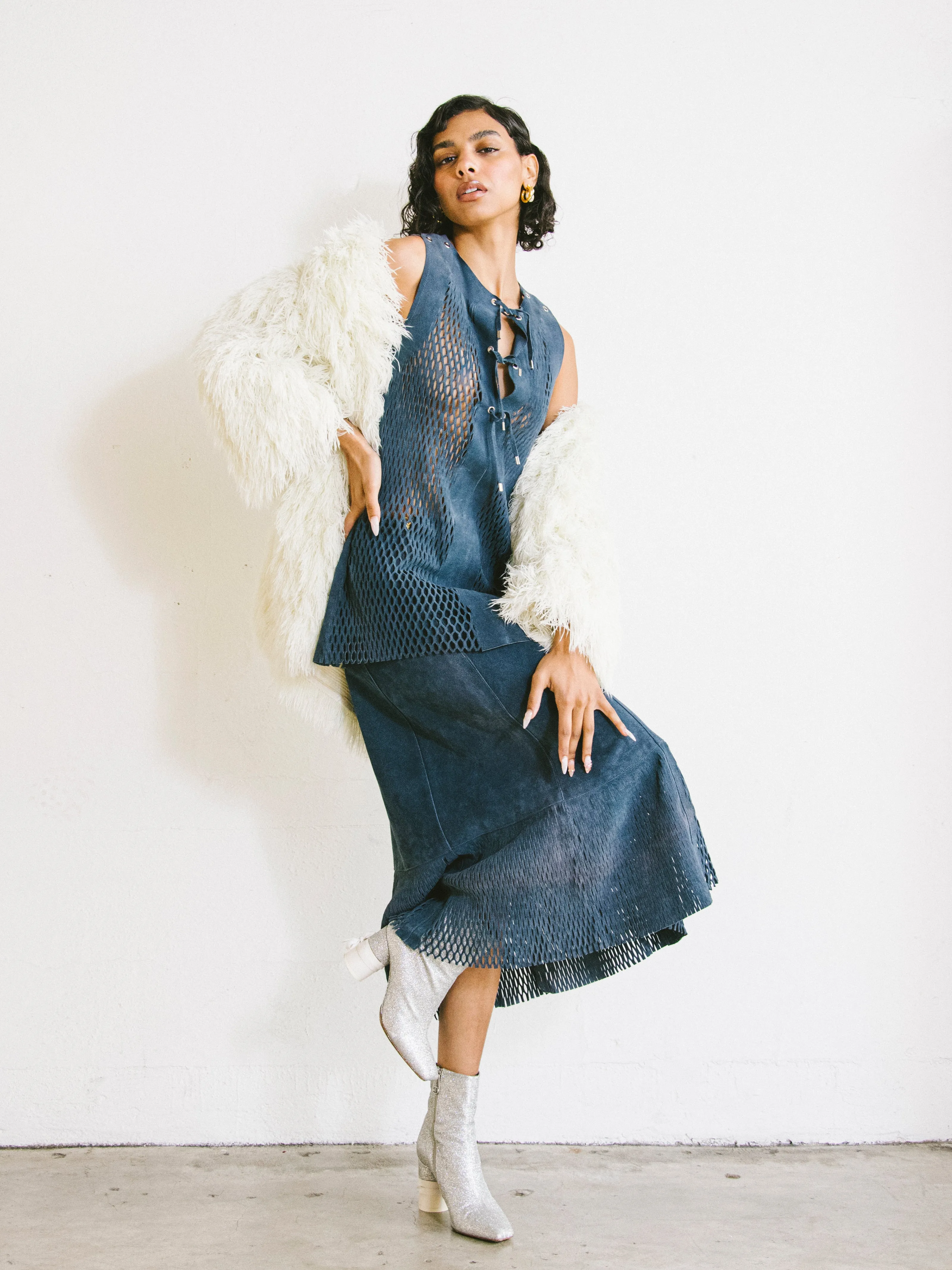 1970s Blue Laser Cut Suede Skirt Ensemble