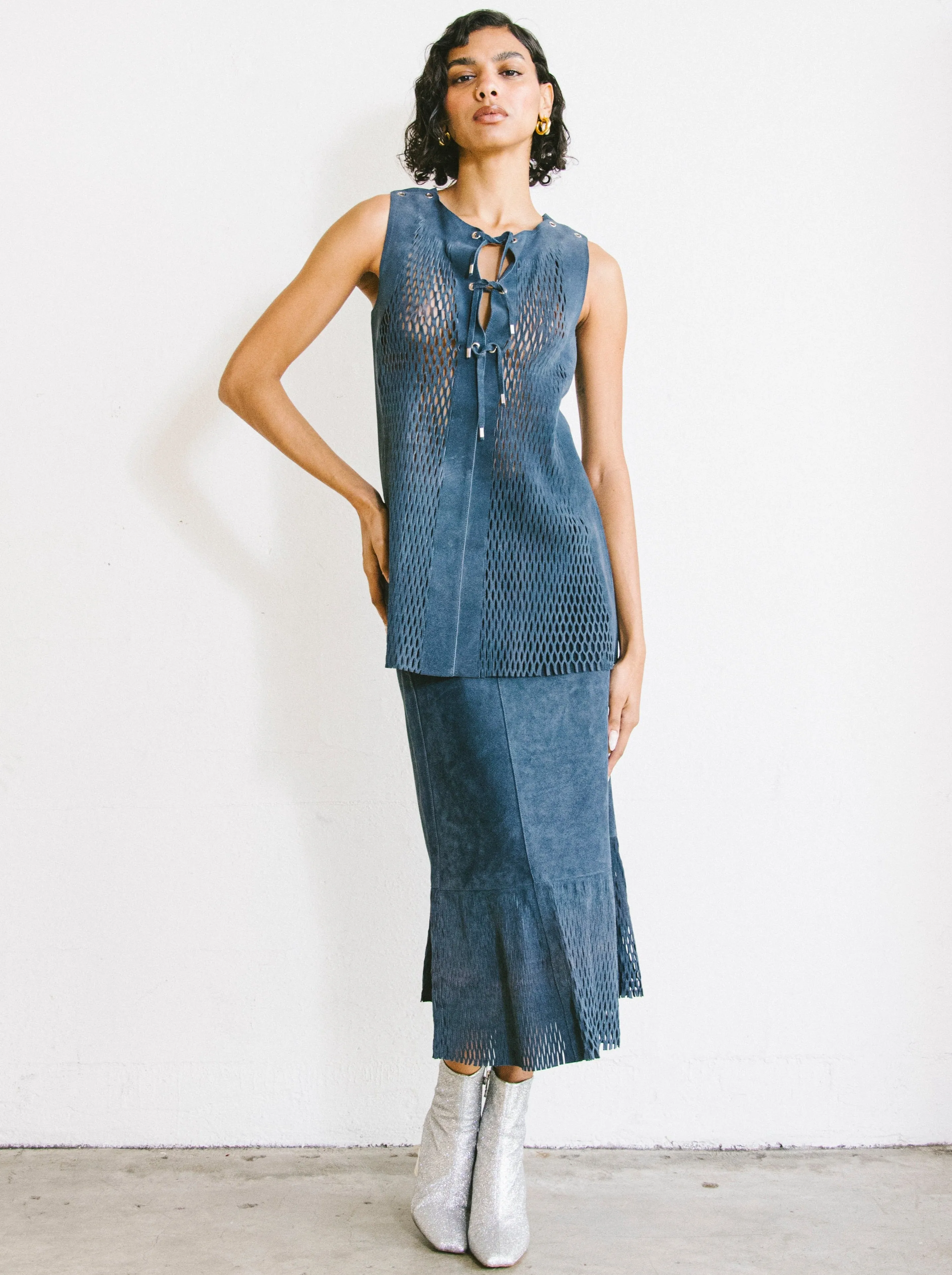 1970s Blue Laser Cut Suede Skirt Ensemble
