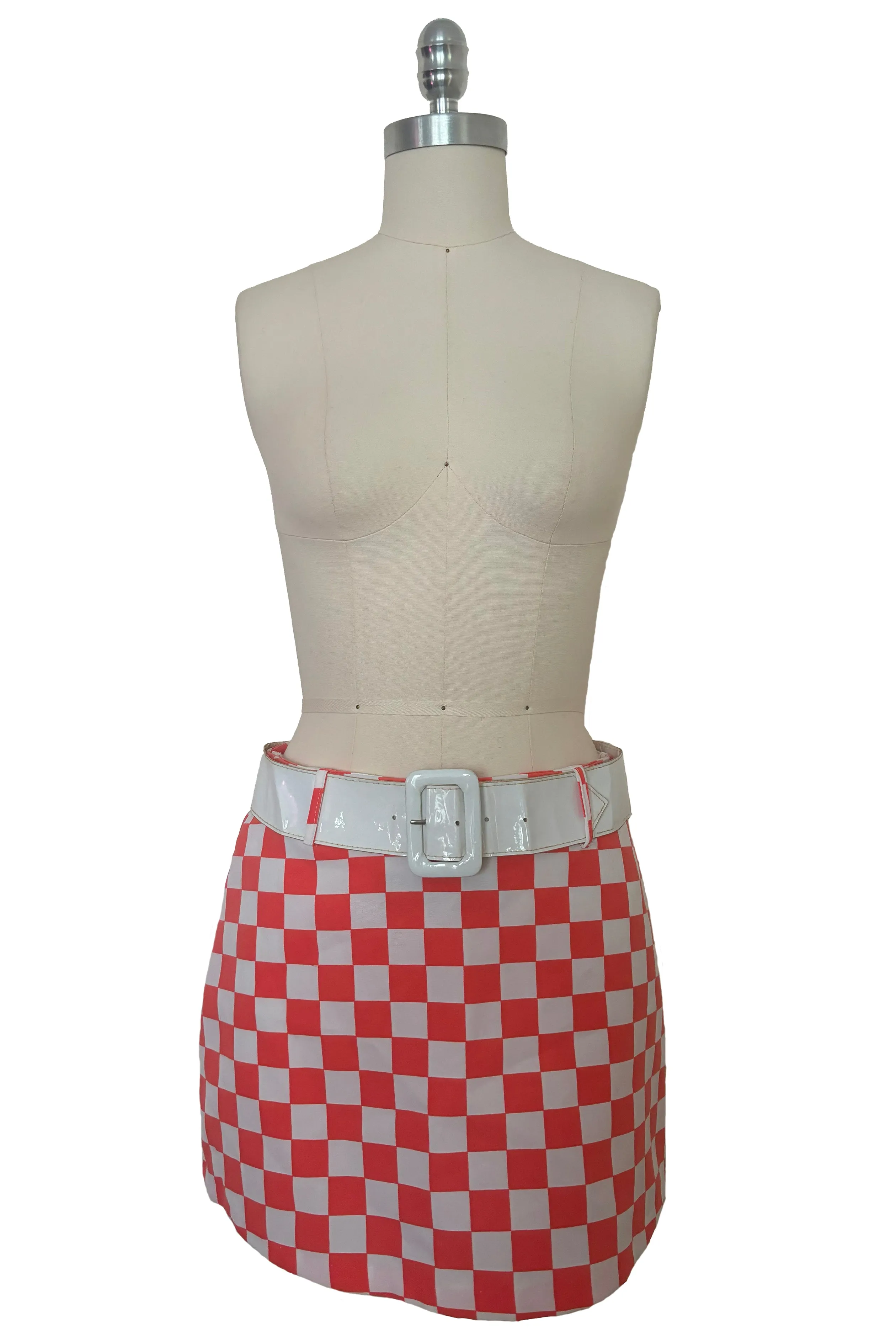 1990s Does 1960s Vintage Mod Orange and White Checkered Micro Mini Skirt w/ White Belt by Gozzi, Small to Medium
