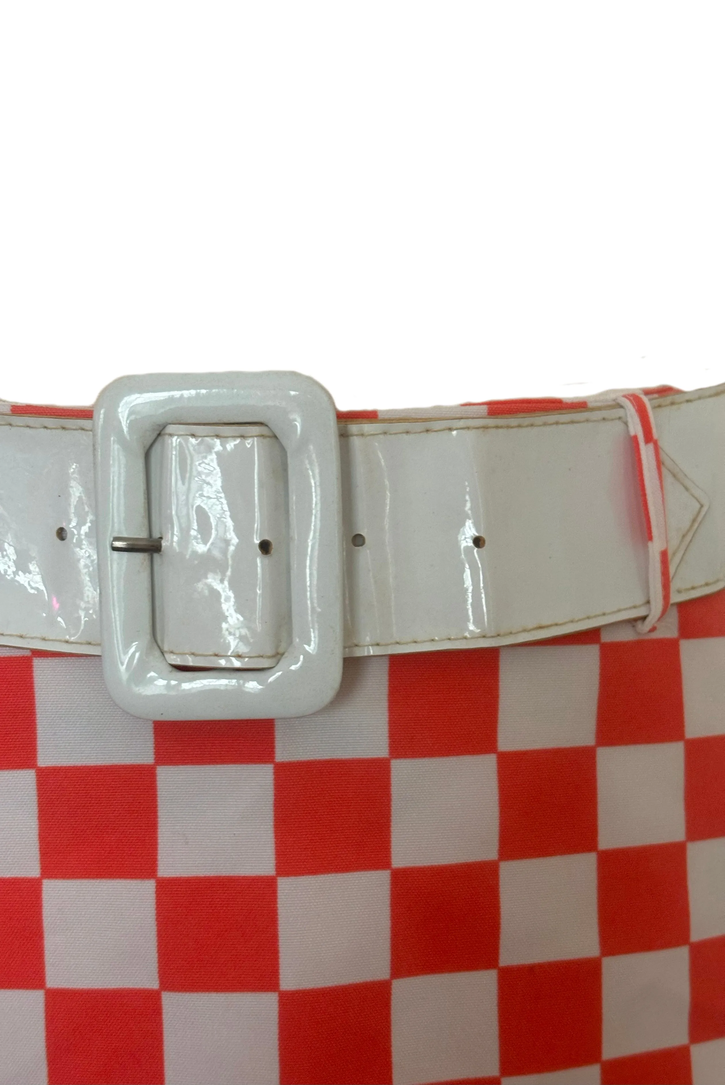 1990s Does 1960s Vintage Mod Orange and White Checkered Micro Mini Skirt w/ White Belt by Gozzi, Small to Medium