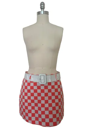 1990s Does 1960s Vintage Mod Orange and White Checkered Micro Mini Skirt w/ White Belt by Gozzi, Small to Medium