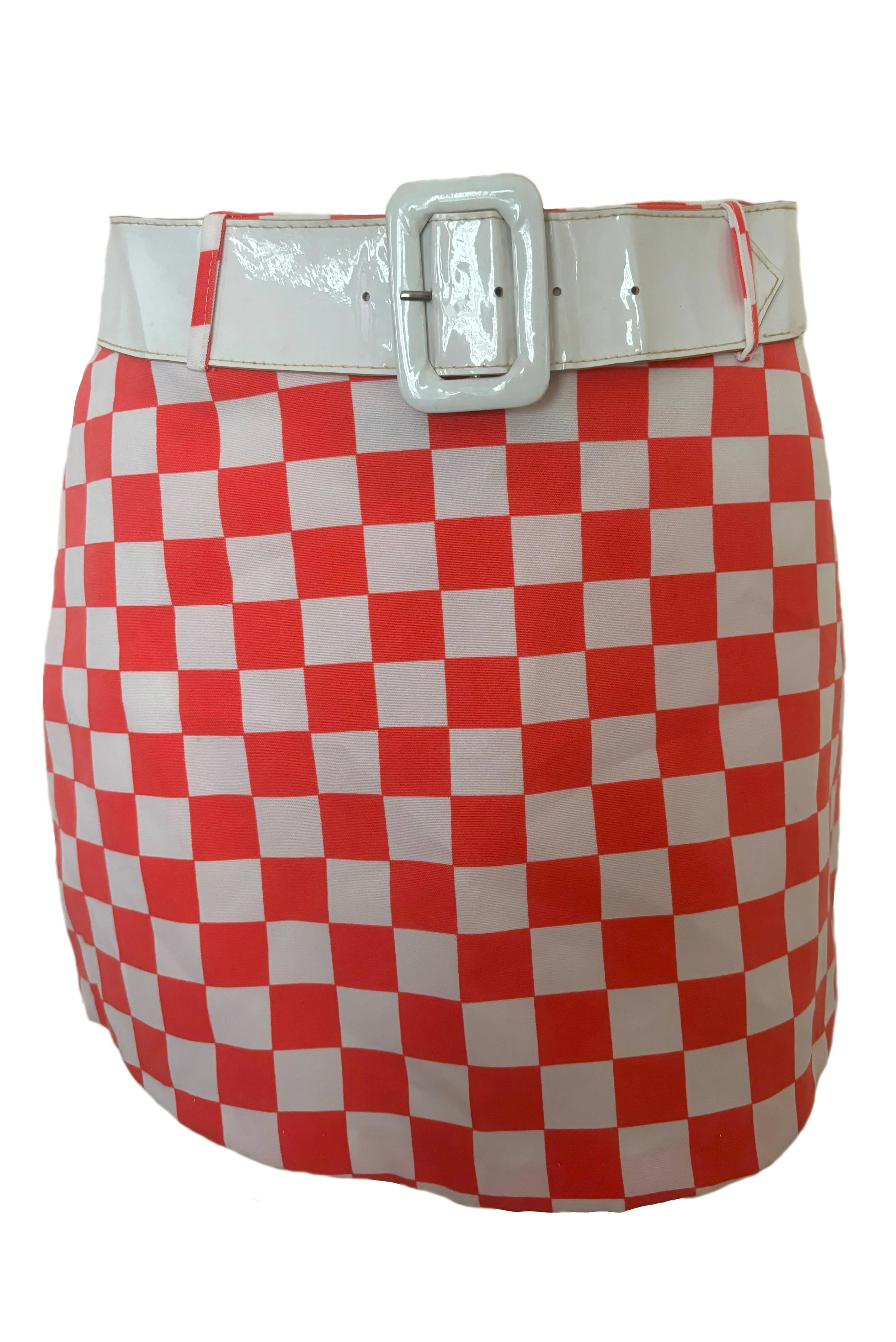 1990s Does 1960s Vintage Mod Orange and White Checkered Micro Mini Skirt w/ White Belt by Gozzi, Small to Medium