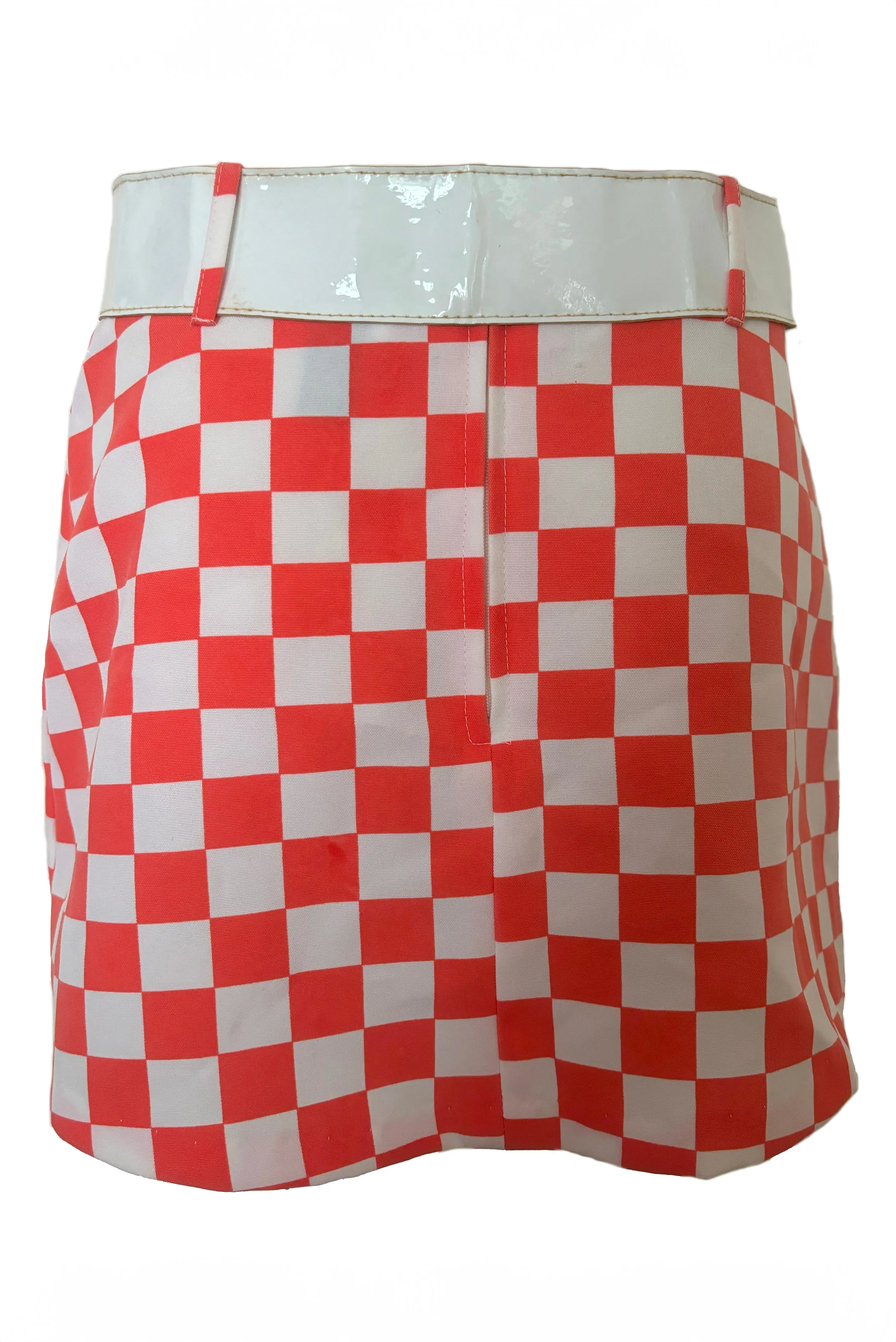1990s Does 1960s Vintage Mod Orange and White Checkered Micro Mini Skirt w/ White Belt by Gozzi, Small to Medium