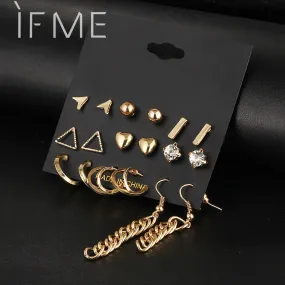 9 pcs/Set Crystal Heart Gold Color Stud Earrings Tassel Triangle Vintage Silver Color Earring Set For Women Jewelry Oorbellen