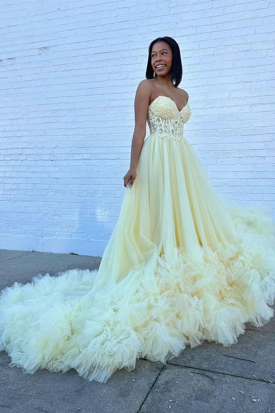A-Line Yellow Sweetheart Corset Ruffle Prom Dress, Beautiful Tulle Formal Evening Dress