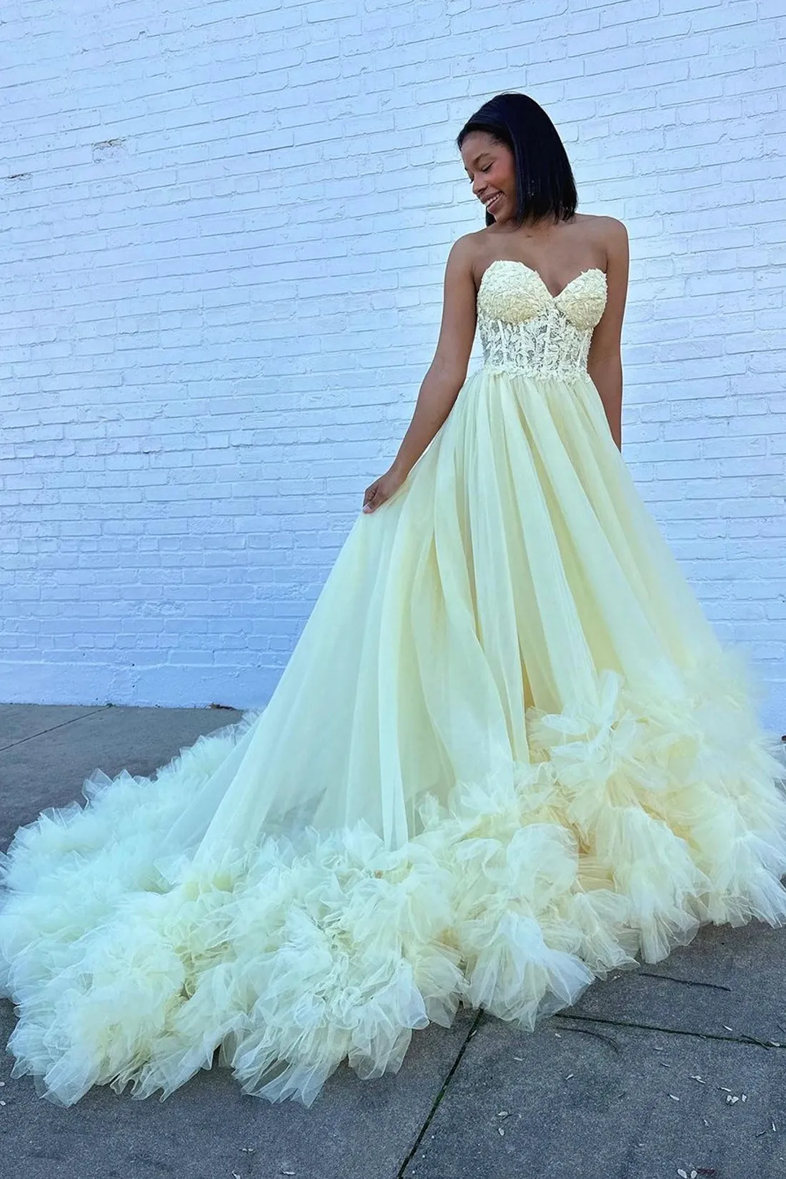 A-Line Yellow Sweetheart Corset Ruffle Prom Dress, Beautiful Tulle Formal Evening Dress