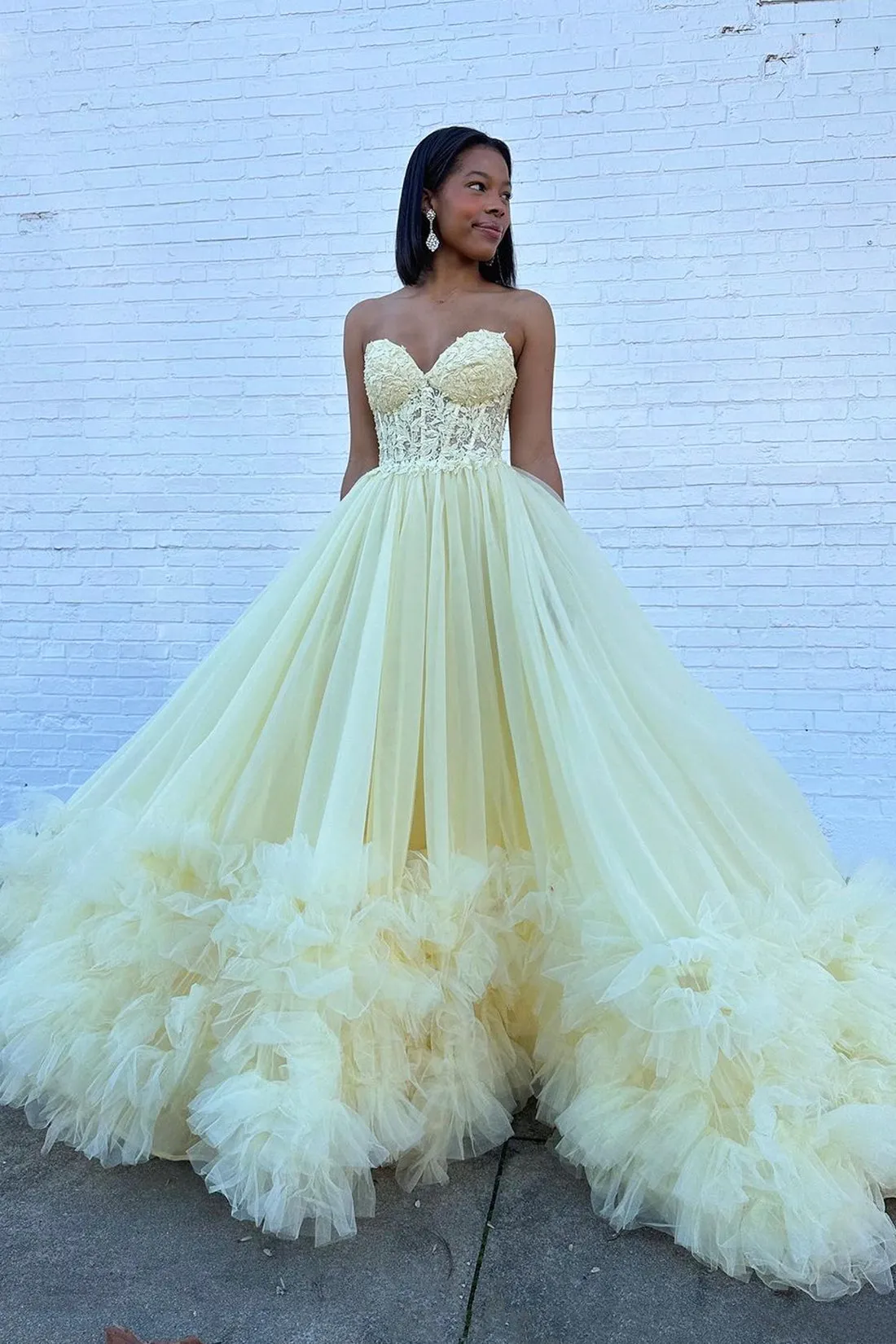 A-Line Yellow Sweetheart Corset Ruffle Prom Dress, Beautiful Tulle Formal Evening Dress