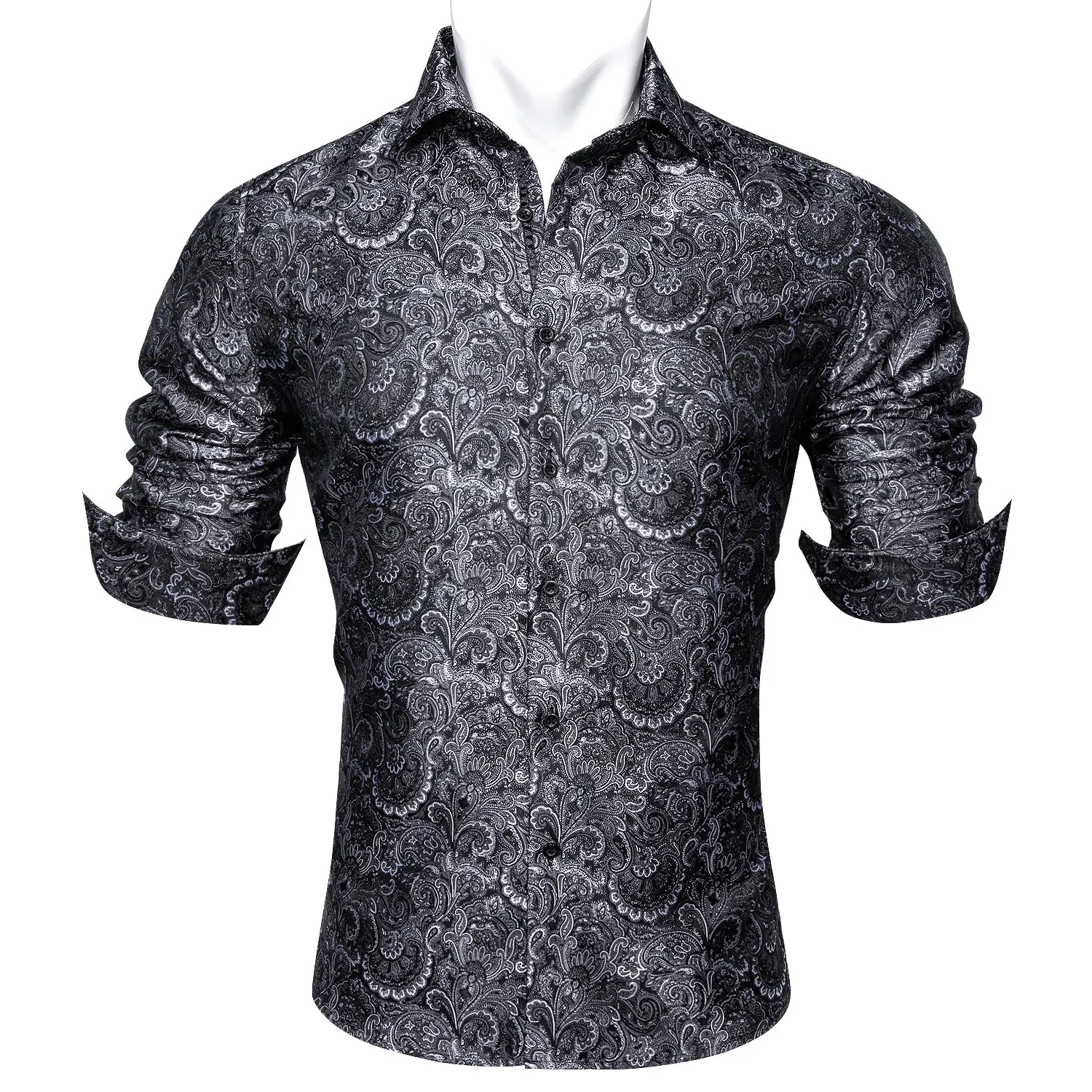 Barry Wang Black White Jacquard Paisley Tribal Daily Slim-fit Shirt