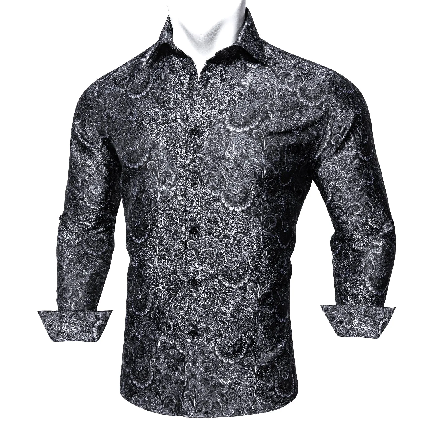 Barry Wang Black White Jacquard Paisley Tribal Daily Slim-fit Shirt