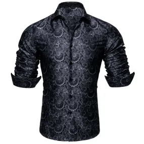 Barry Wang Black White Jacquard Paisley Tribal Daily Slim-fit Shirt