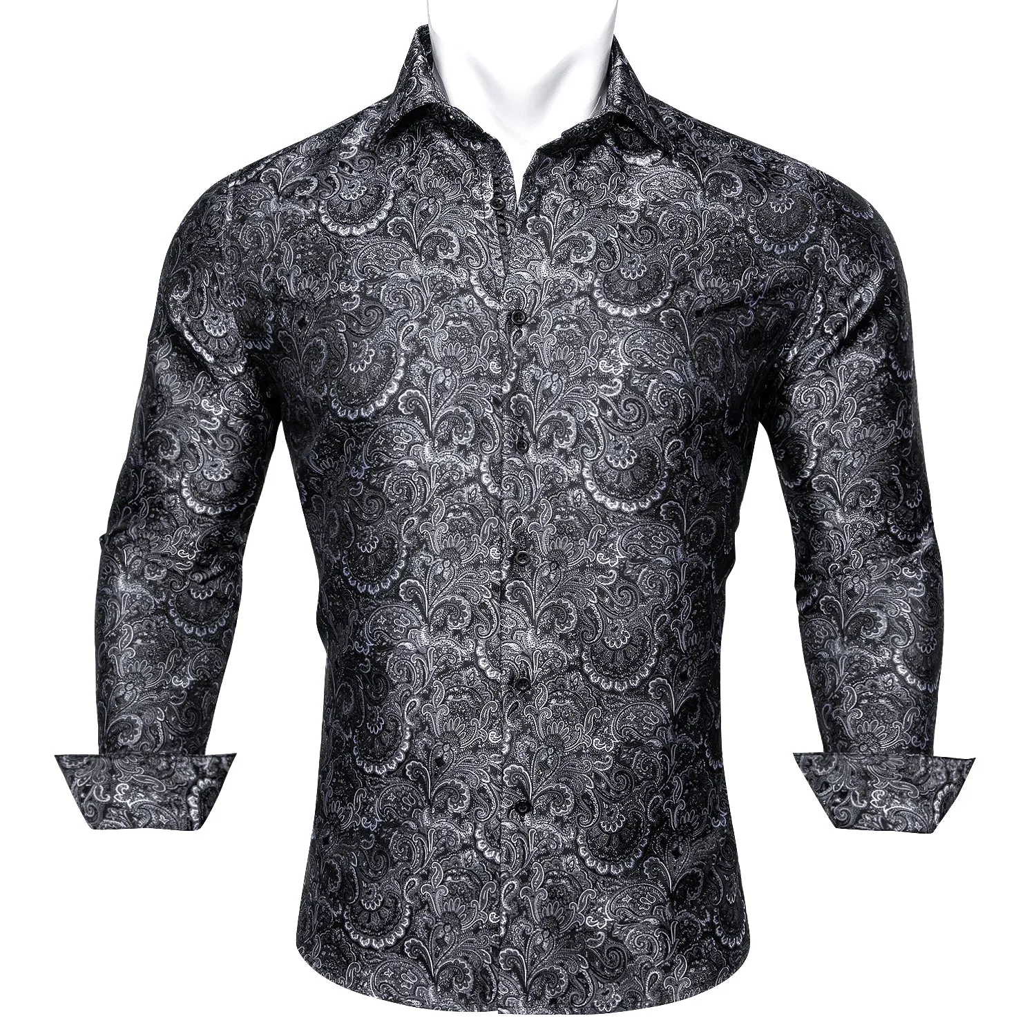 Barry Wang Black White Jacquard Paisley Tribal Daily Slim-fit Shirt