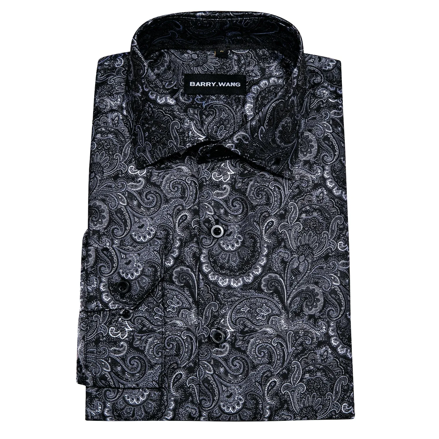 Barry Wang Black White Jacquard Paisley Tribal Daily Slim-fit Shirt