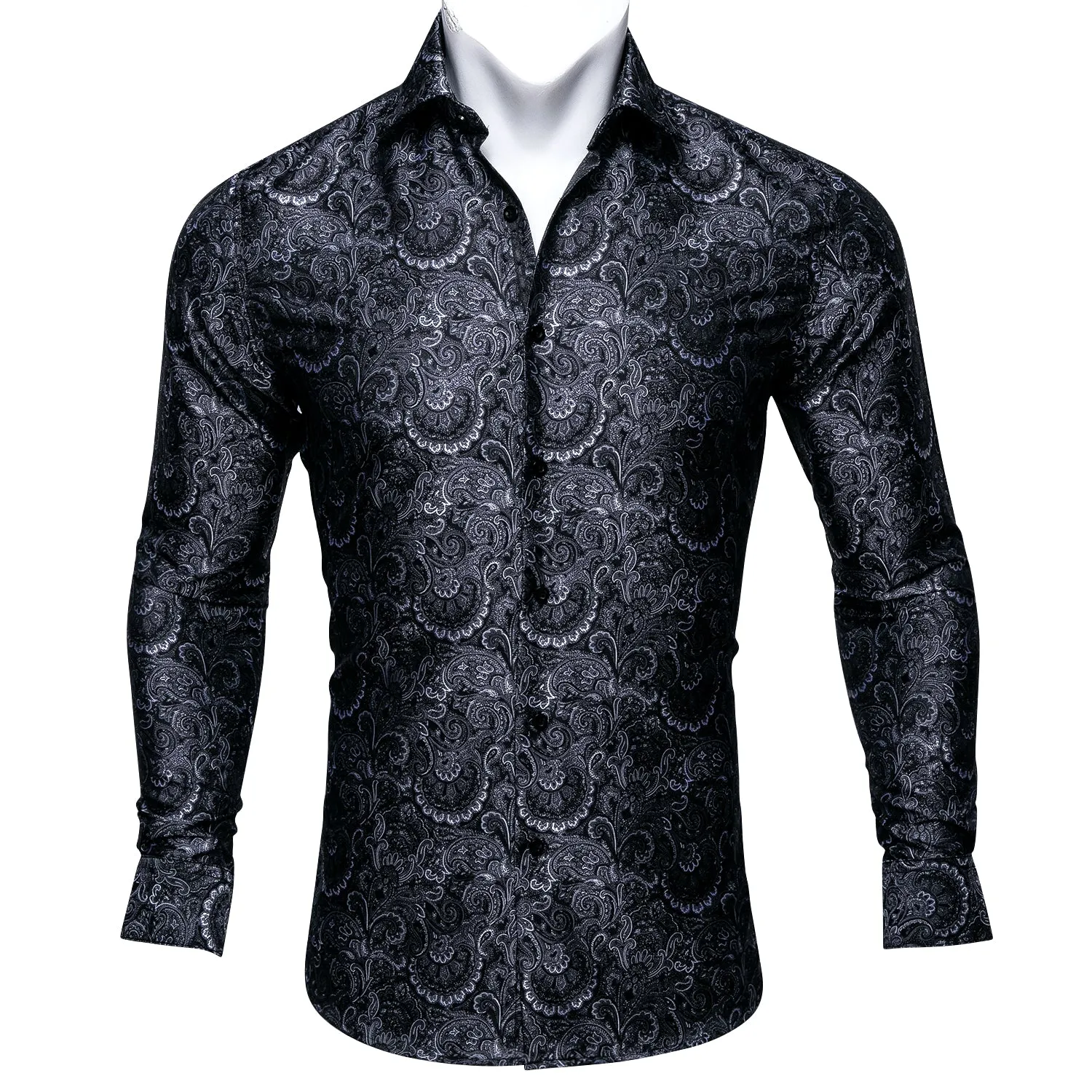 Barry Wang Black White Jacquard Paisley Tribal Daily Slim-fit Shirt