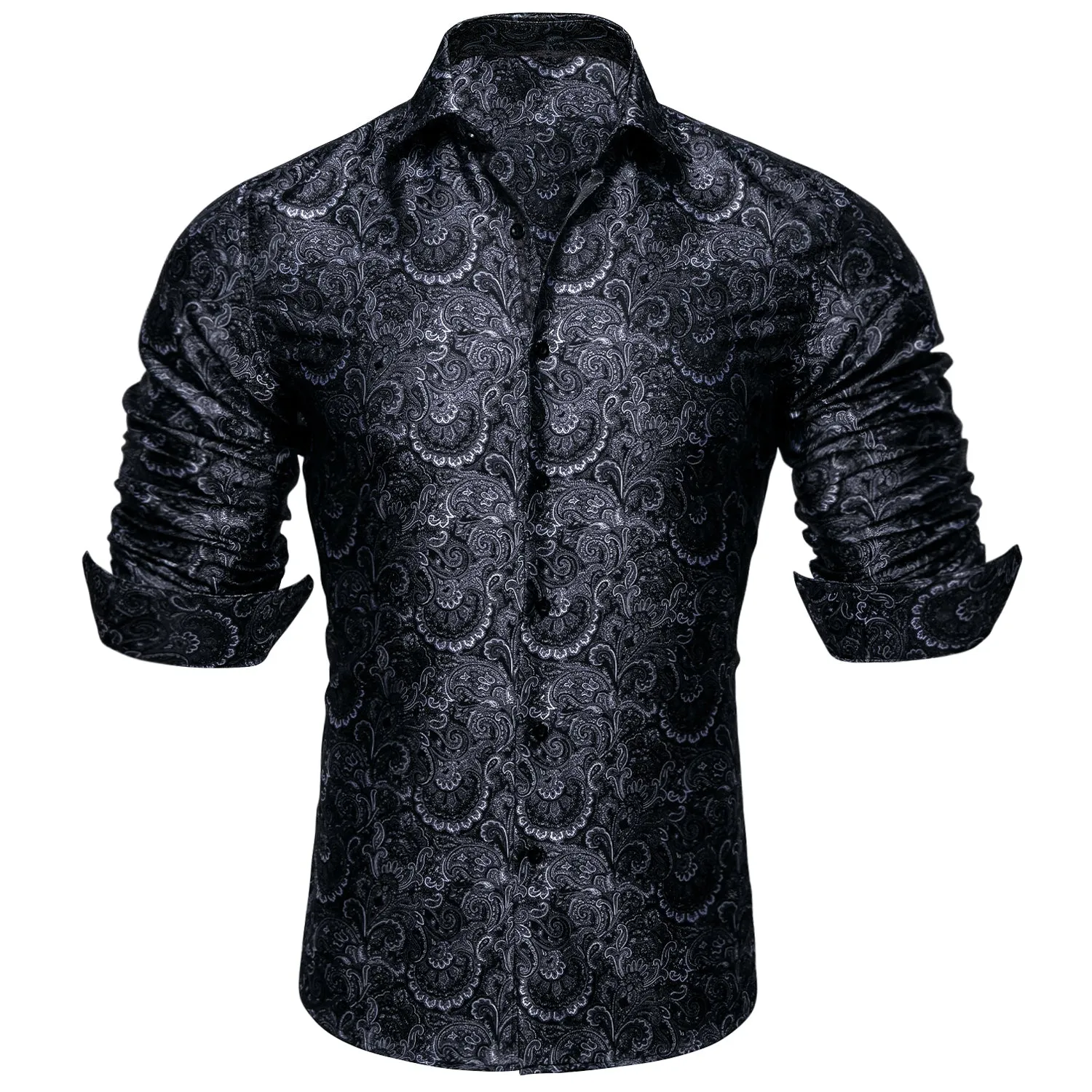Barry Wang Black White Jacquard Paisley Tribal Daily Slim-fit Shirt