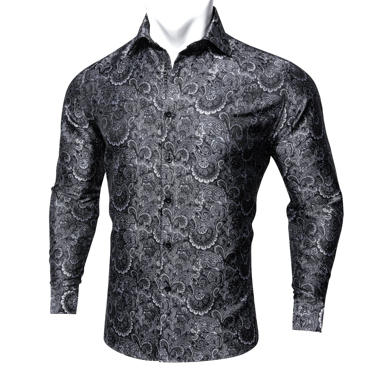 Barry Wang Black White Jacquard Paisley Tribal Daily Slim-fit Shirt