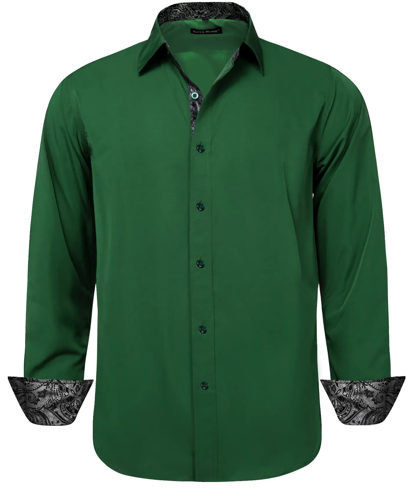 Barry Wang Dark Green Shirts Long Sleeve Grey Cuff Patchwork Shirt Top