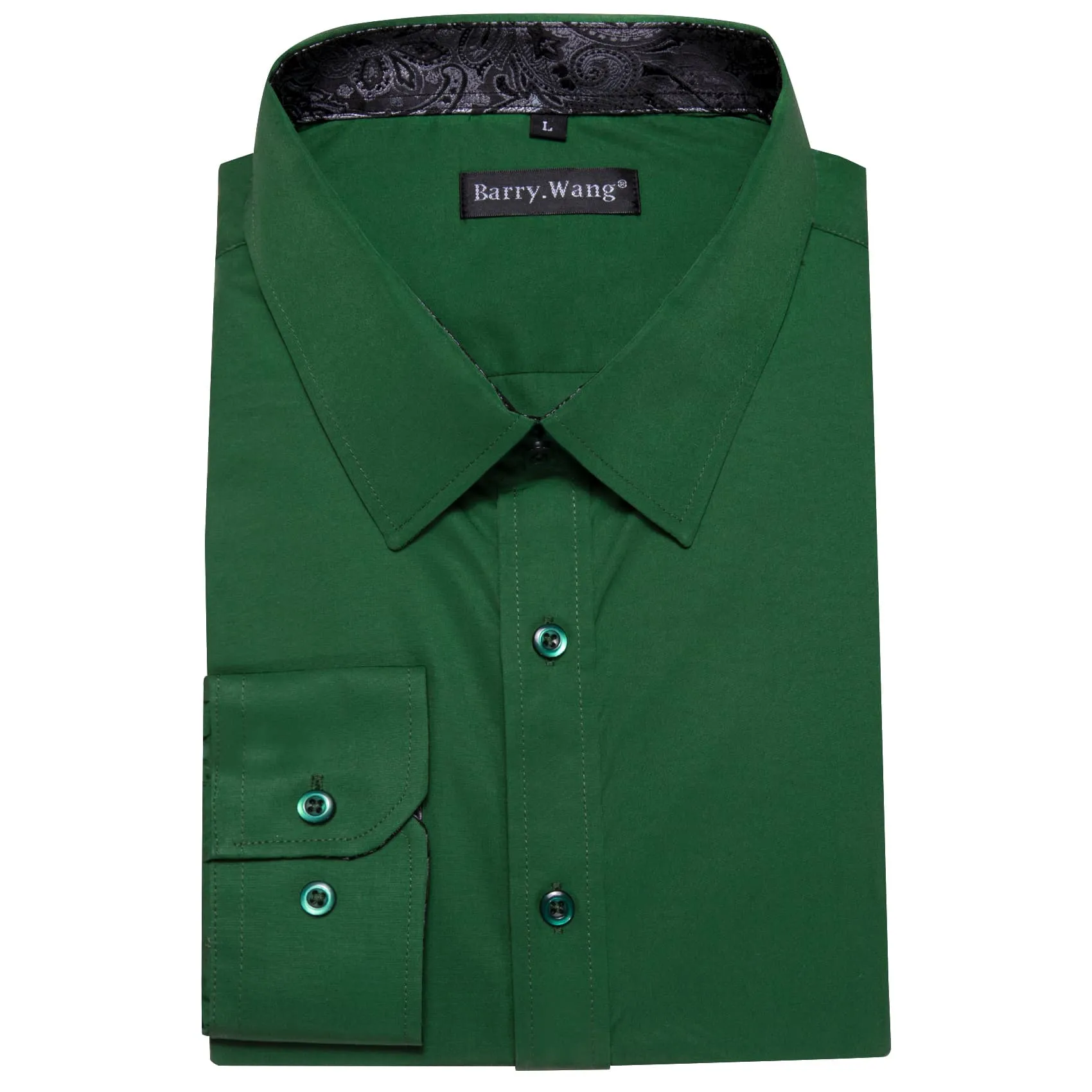 Barry Wang Dark Green Shirts Long Sleeve Grey Cuff Patchwork Shirt Top