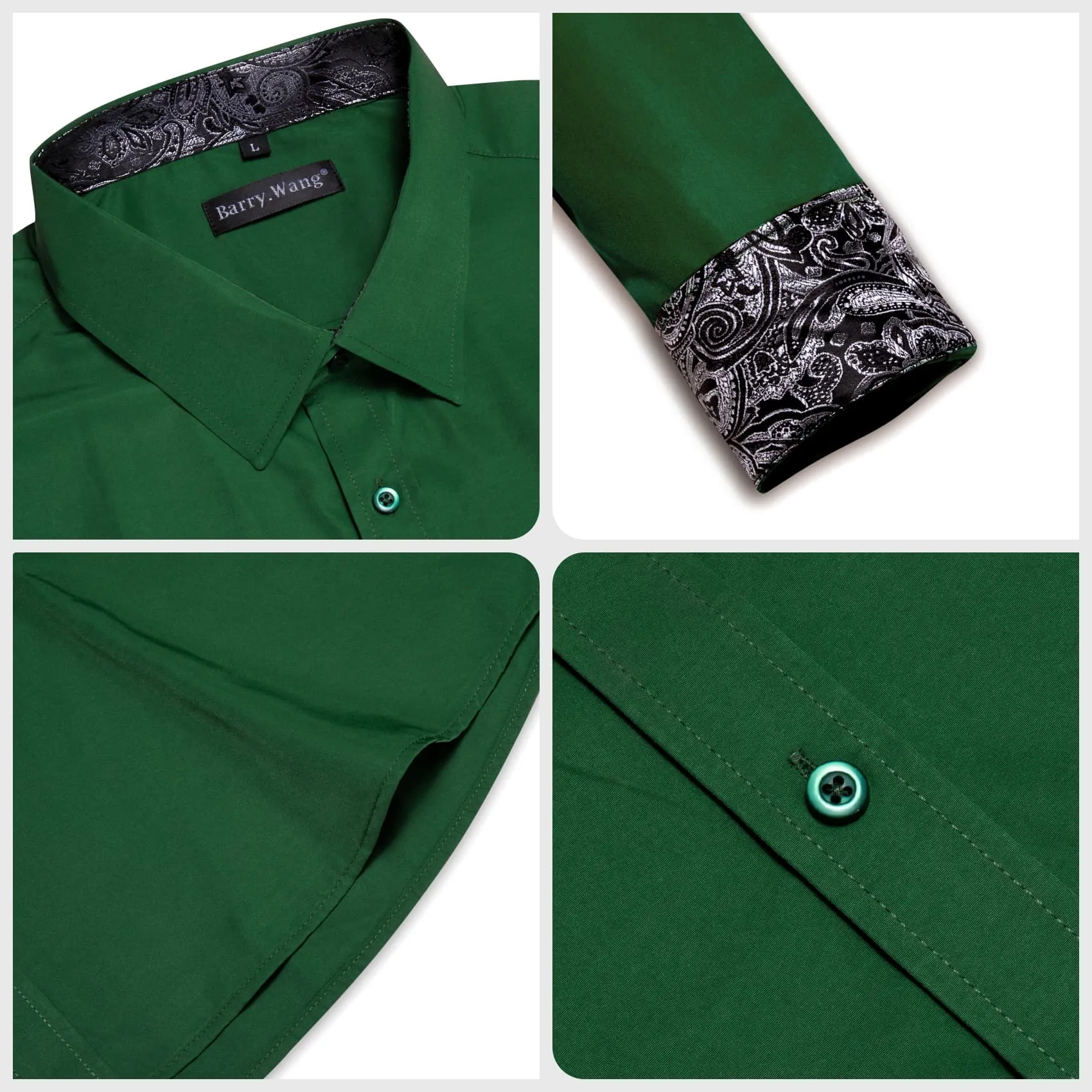 Barry Wang Dark Green Shirts Long Sleeve Grey Cuff Patchwork Shirt Top