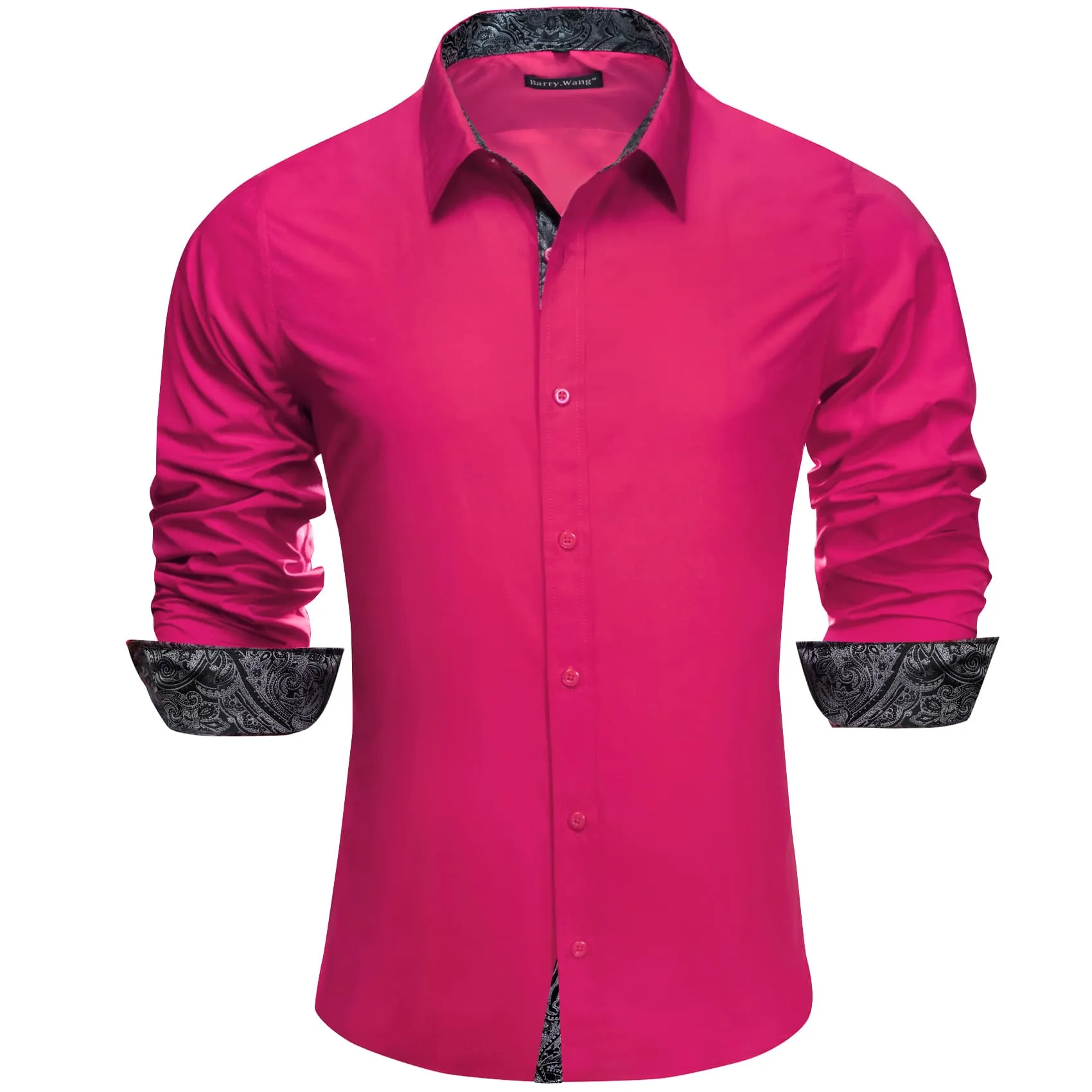 Barry Wang Deep Pink Patchwork Black Paisley Cuffs Button Up Men Shirt