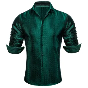 Barry.wang Green Solid Silk Men's Shirt