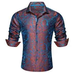 Barry.Wang Orange Blue Green Paisley Shirt Men Long Sleeve Dress Shirt