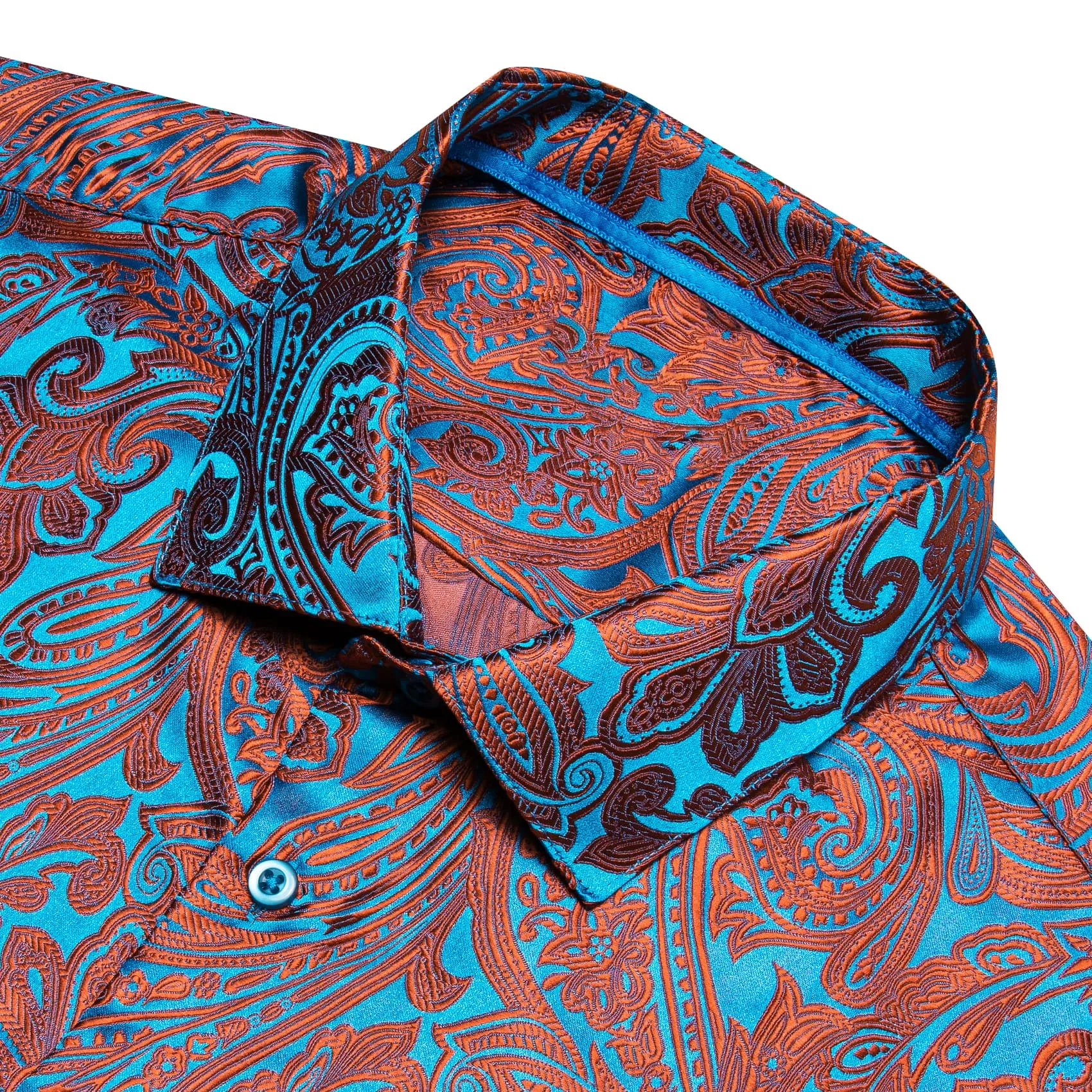 Barry.Wang Orange Blue Green Paisley Shirt Men Long Sleeve Dress Shirt