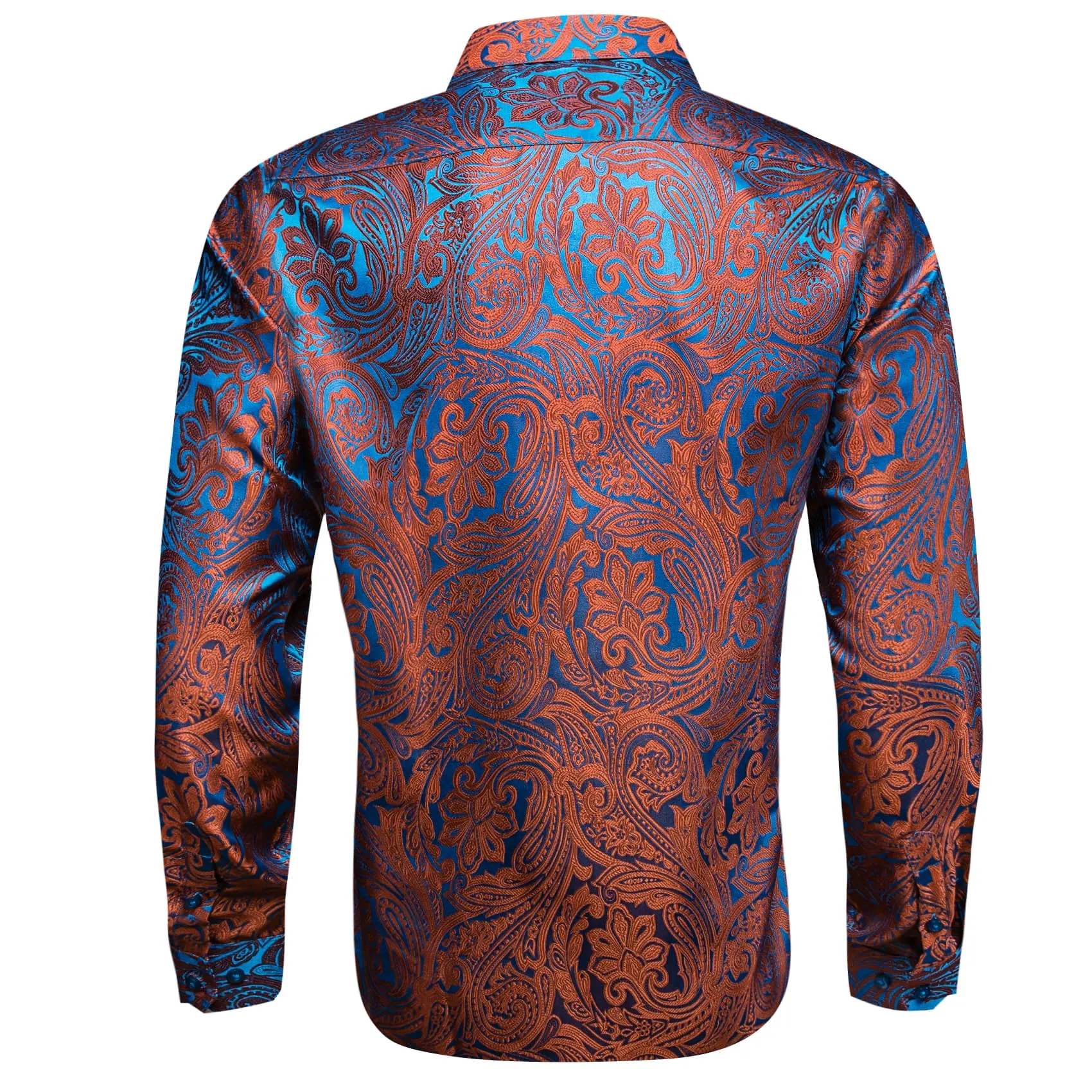 Barry.Wang Orange Blue Green Paisley Shirt Men Long Sleeve Dress Shirt