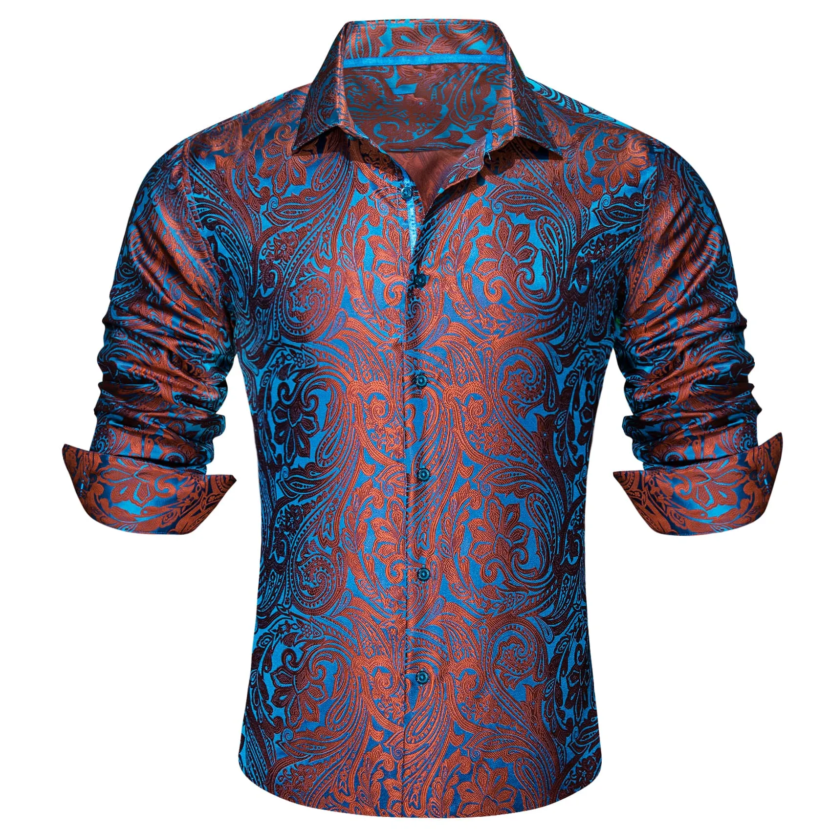 Barry.Wang Orange Blue Green Paisley Shirt Men Long Sleeve Dress Shirt