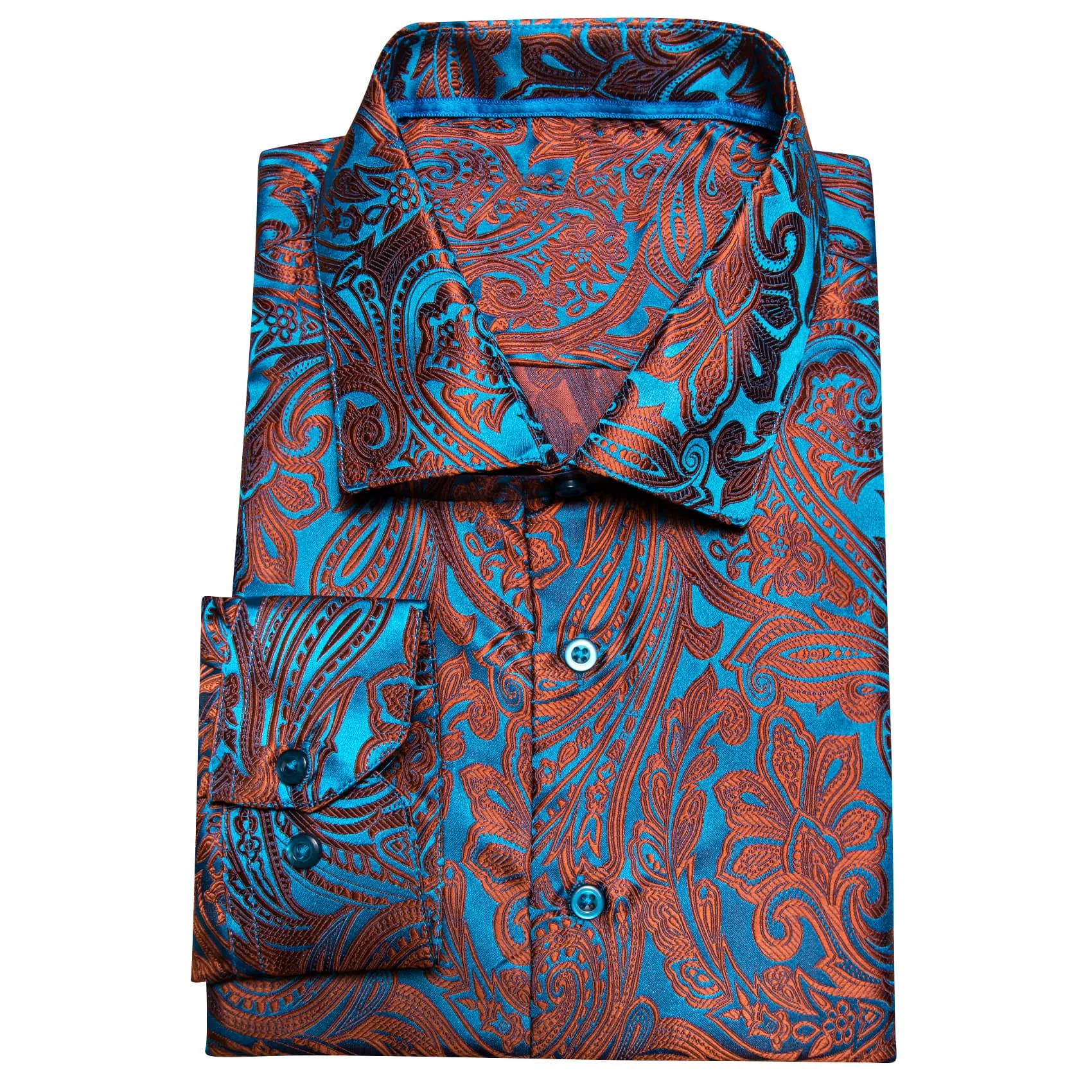 Barry.Wang Orange Blue Green Paisley Shirt Men Long Sleeve Dress Shirt