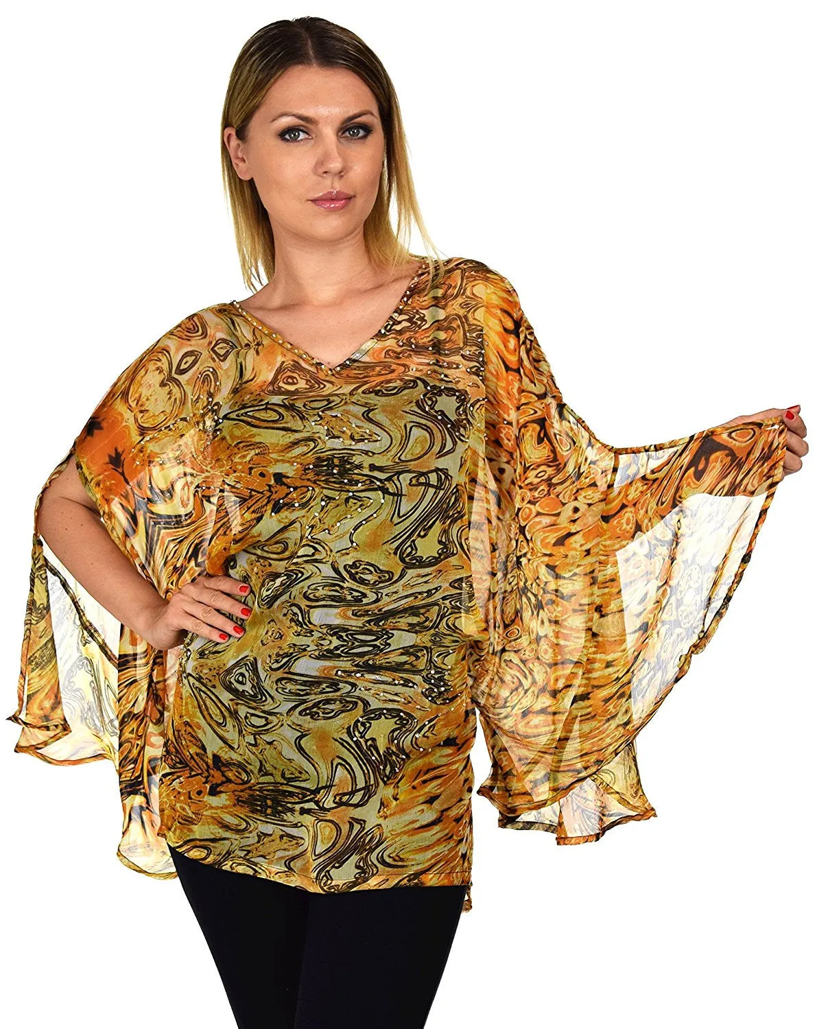 Beaded Butterfly Sleeve Tunic Blouse Top / Cover Up | Reg & Plus Sizes
