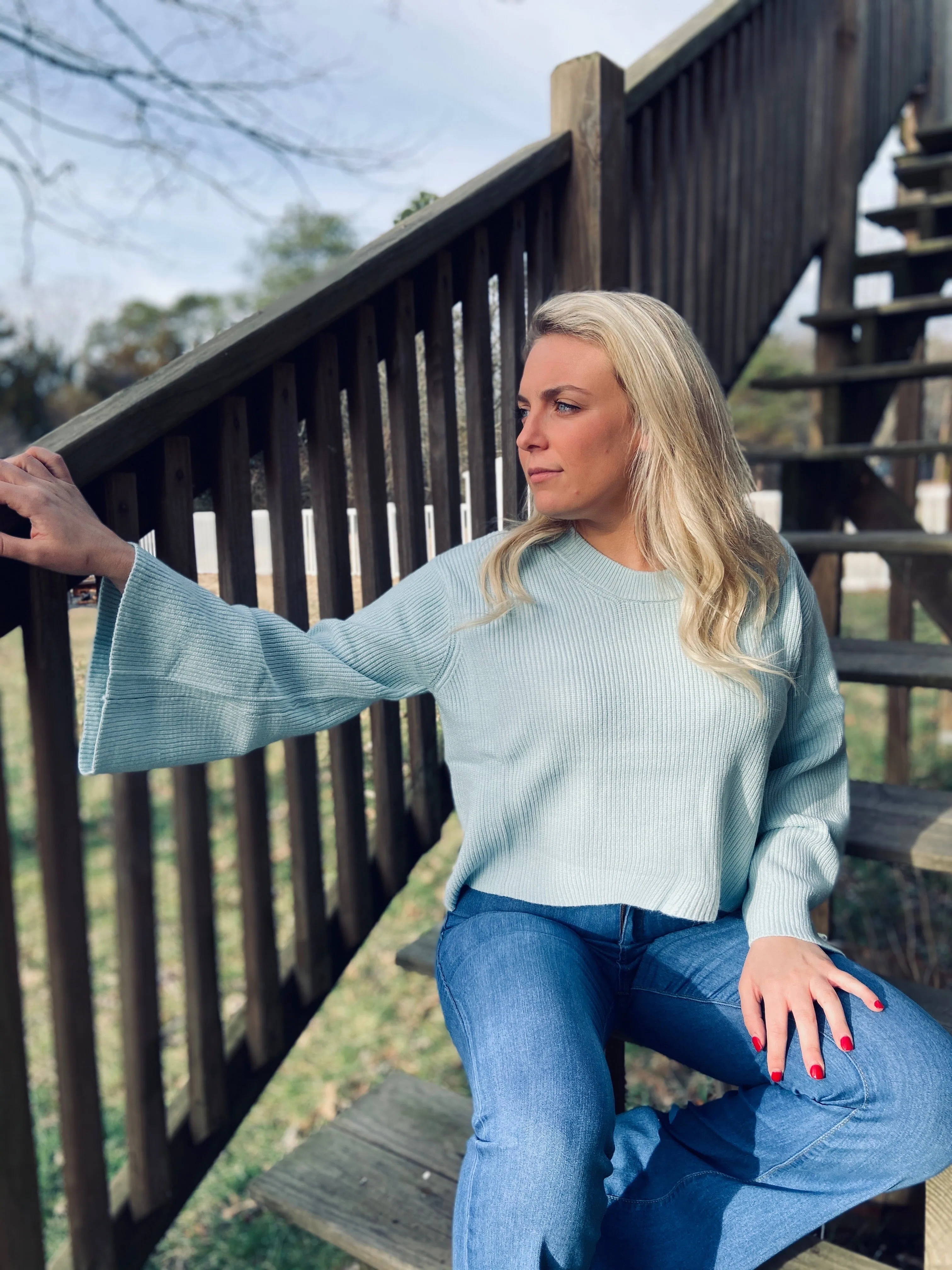 Bell Sleeve Sweater - Light Blue