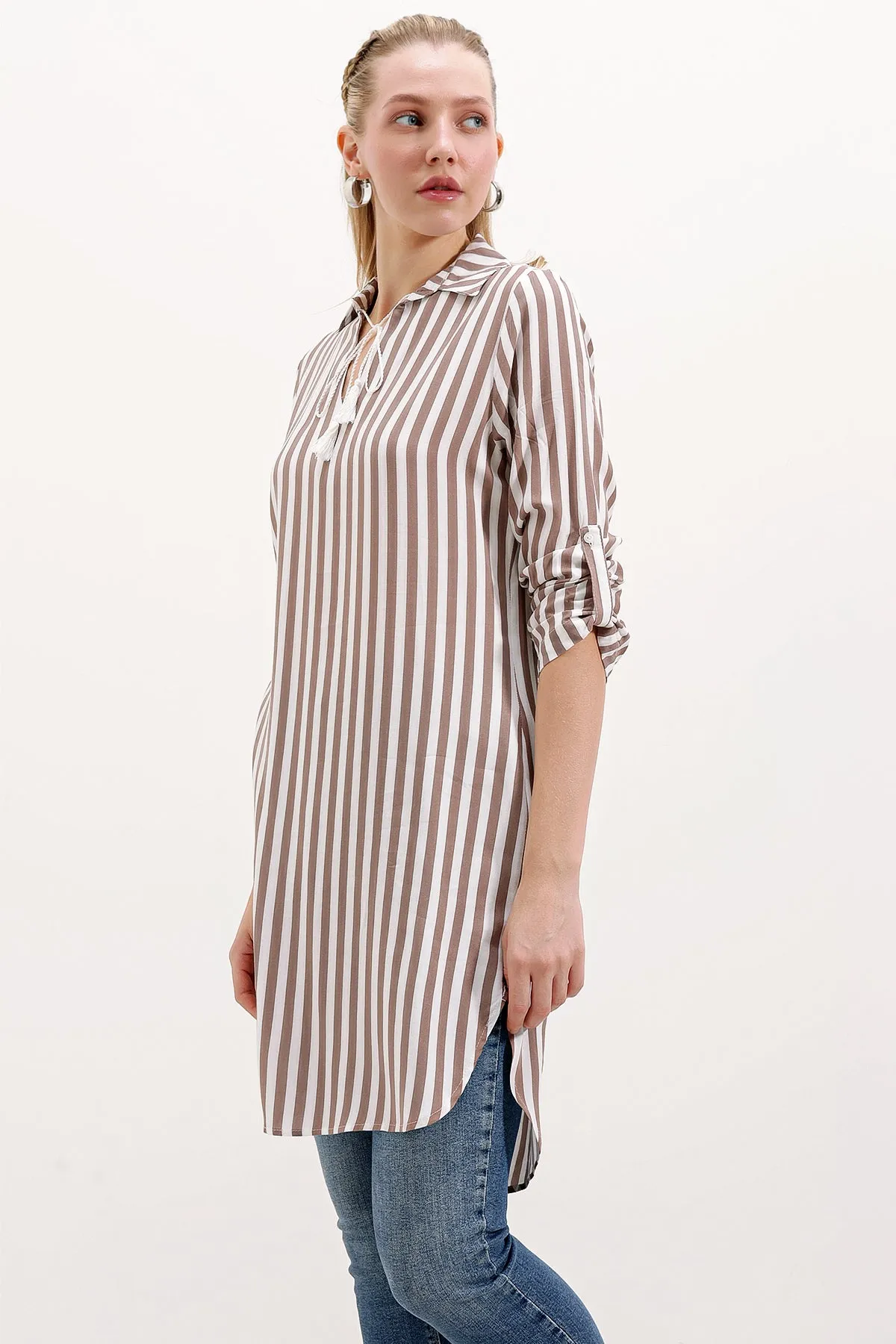 BGD Women Striped Tunic with Neck Tie - Mink - Avondale