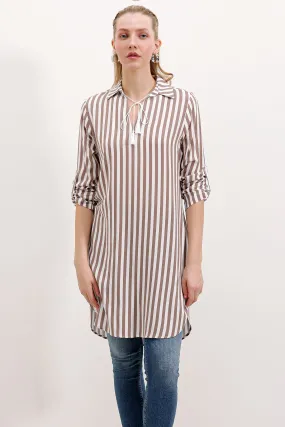 BGD Women Striped Tunic with Neck Tie - Mink - Avondale