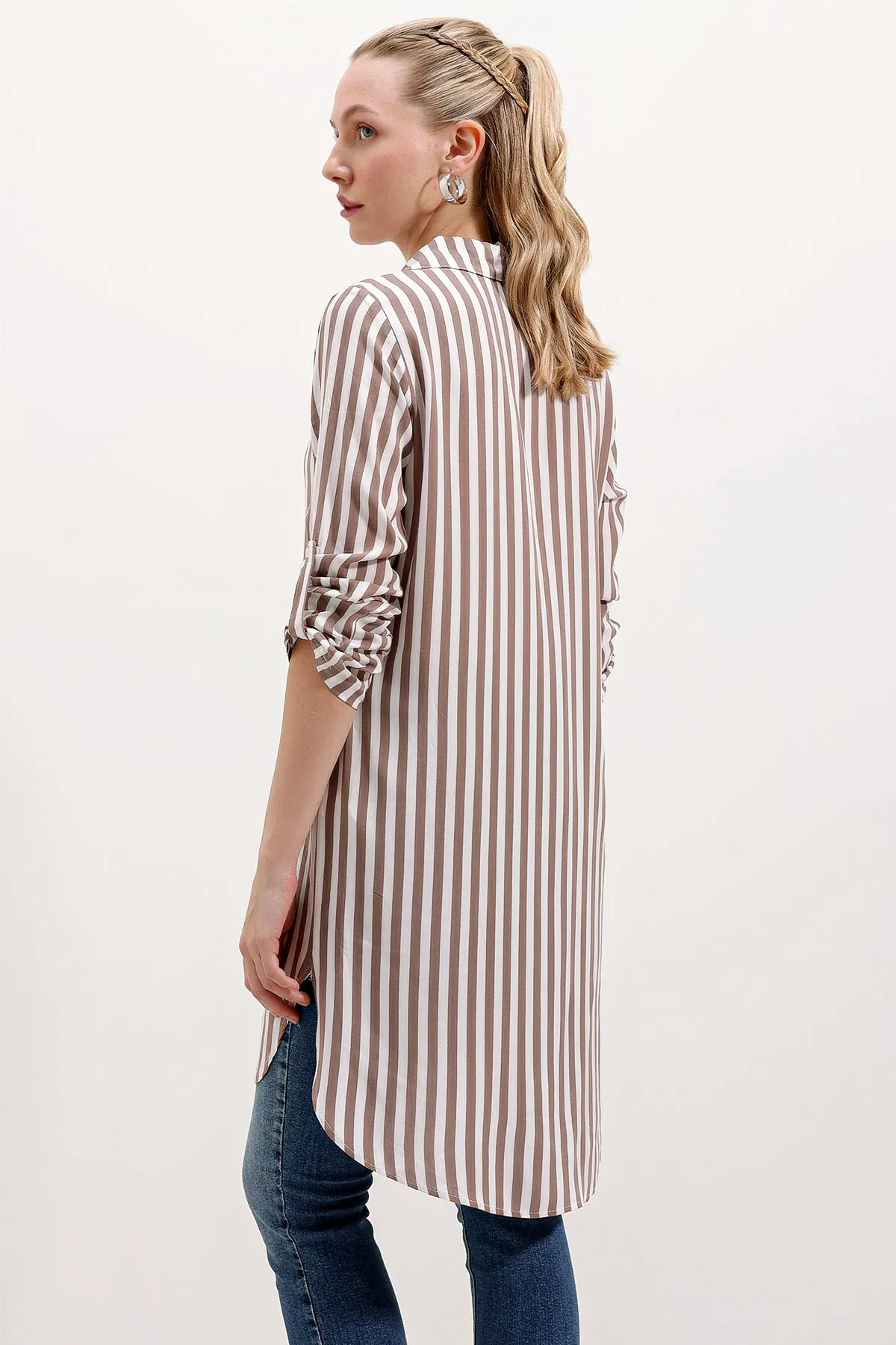BGD Women Striped Tunic with Neck Tie - Mink - Avondale