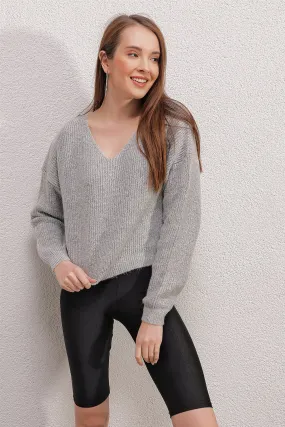 BGD Women V Neck Crop Sweater - Gray - Cutler Bay