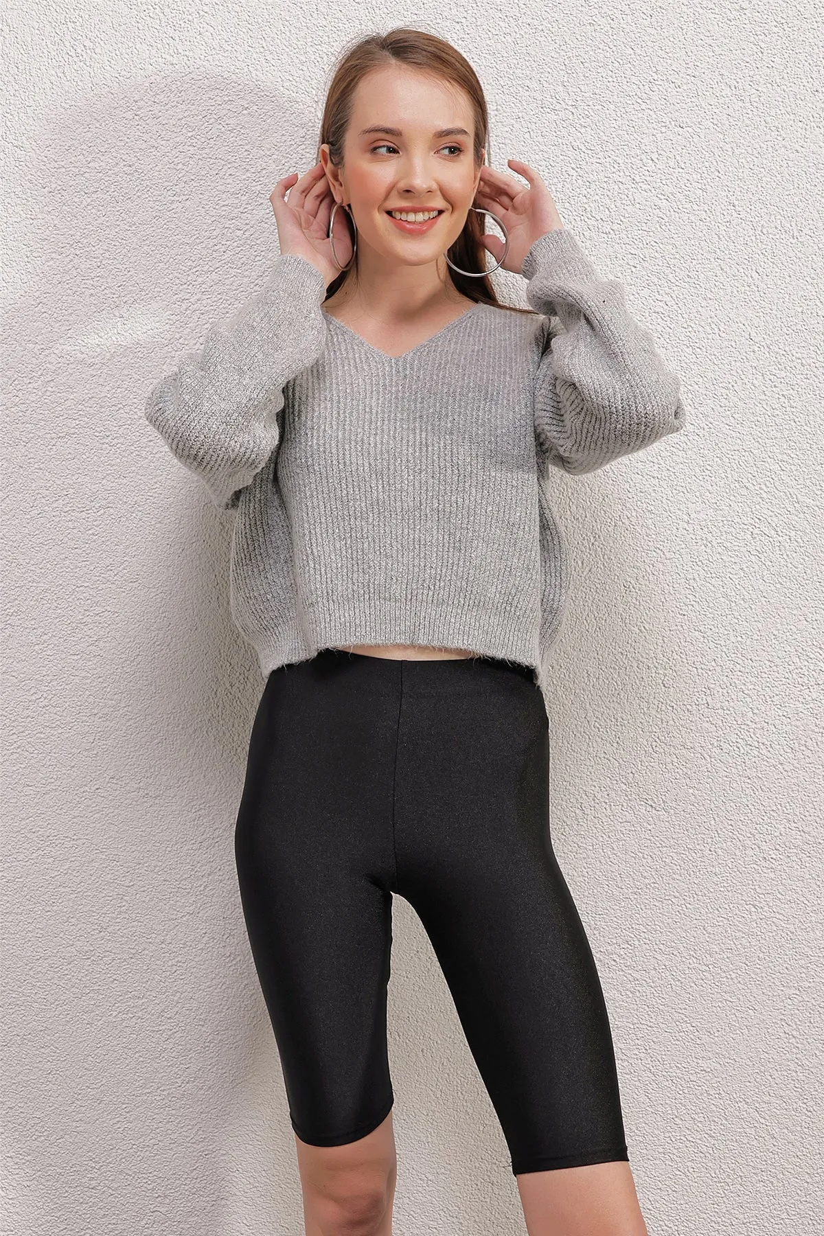 BGD Women V Neck Crop Sweater - Gray - Cutler Bay