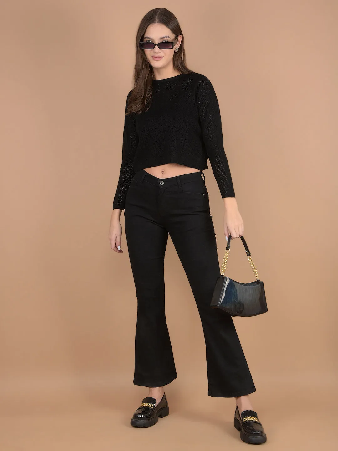 Black Embroidered Crop Length Acrylic Sweater