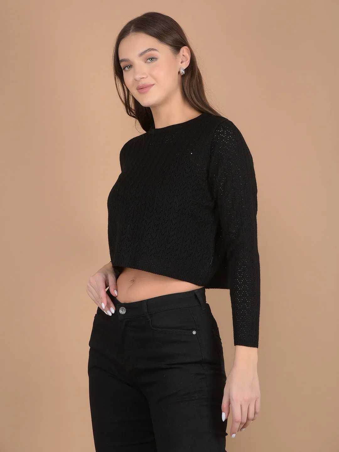 Black Embroidered Crop Length Acrylic Sweater
