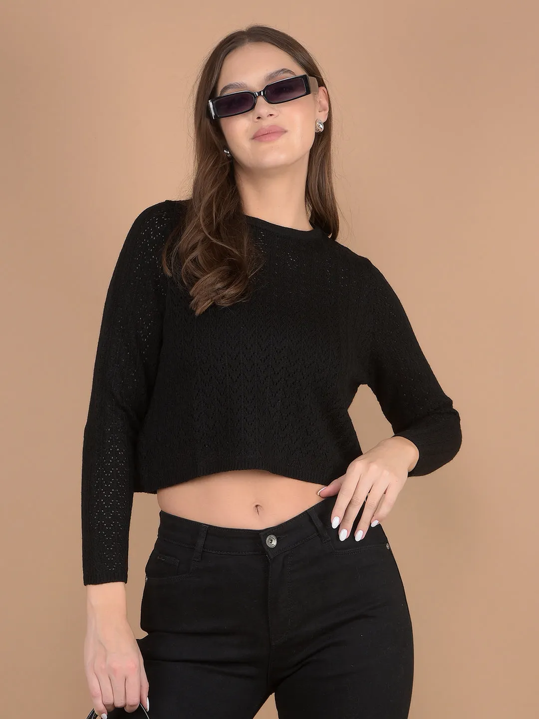 Black Embroidered Crop Length Acrylic Sweater