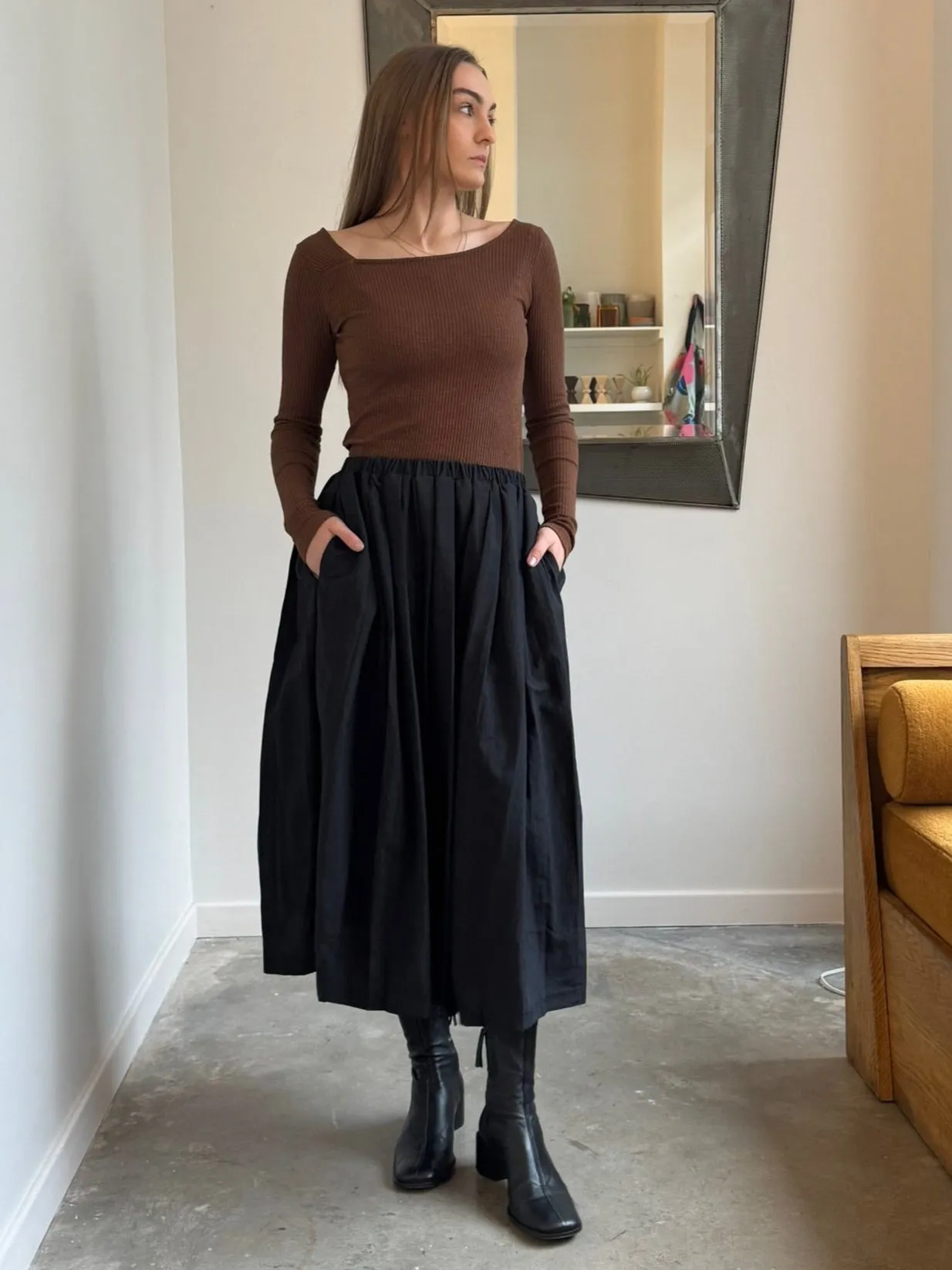 Black Nylon Pleated Full Skirt