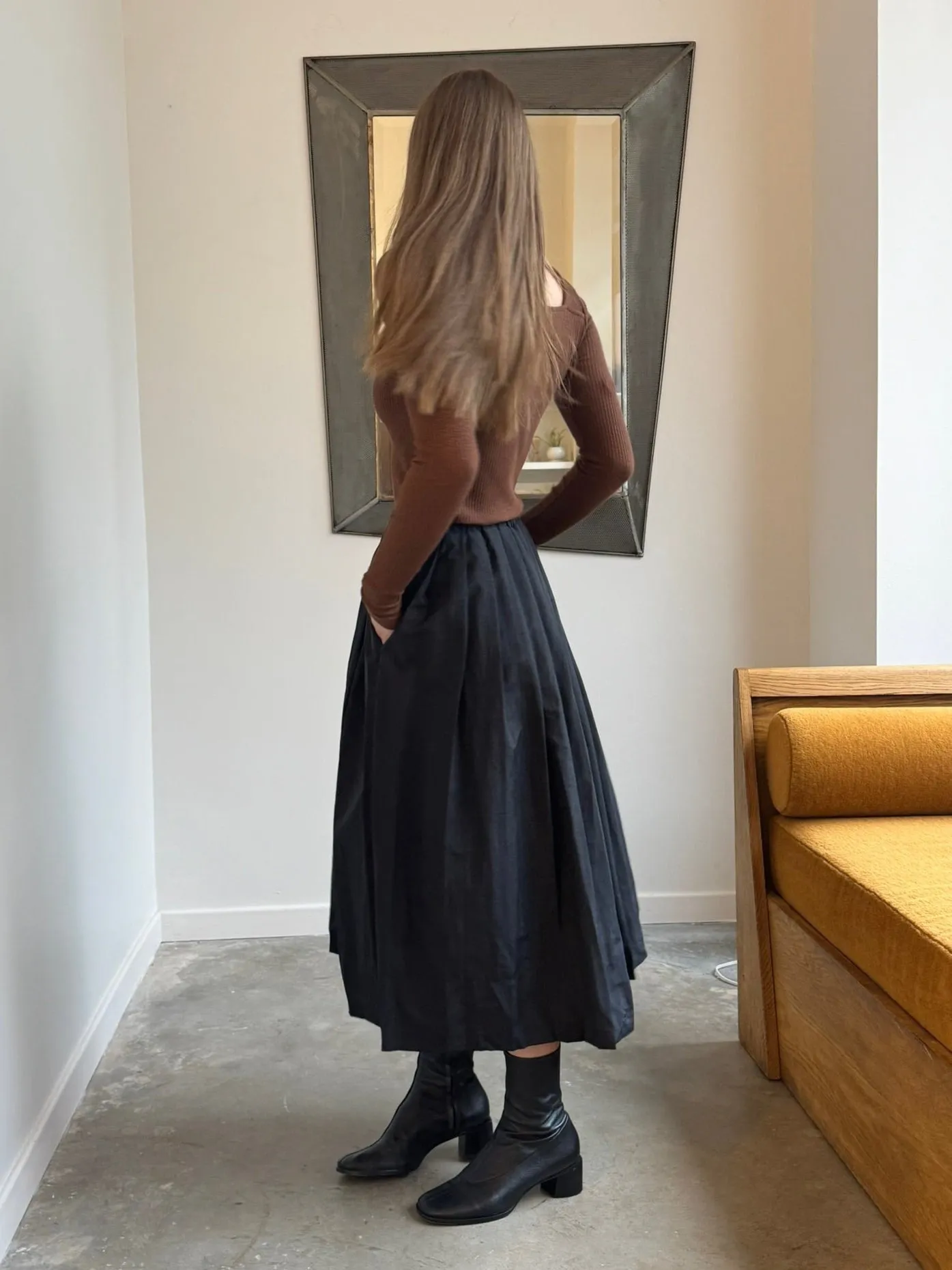 Black Nylon Pleated Full Skirt
