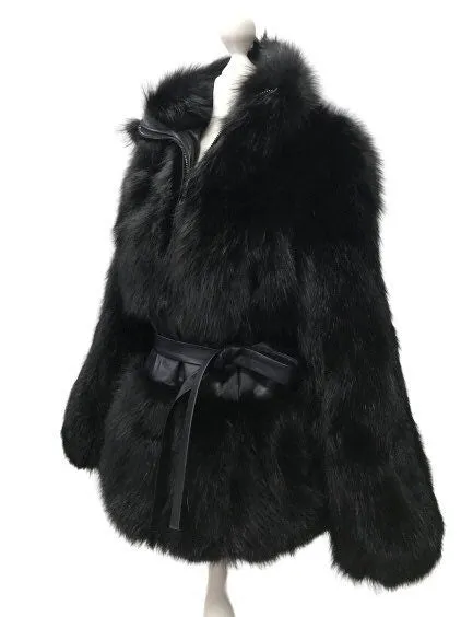 Black Women jacket сoat  fox fur and leather